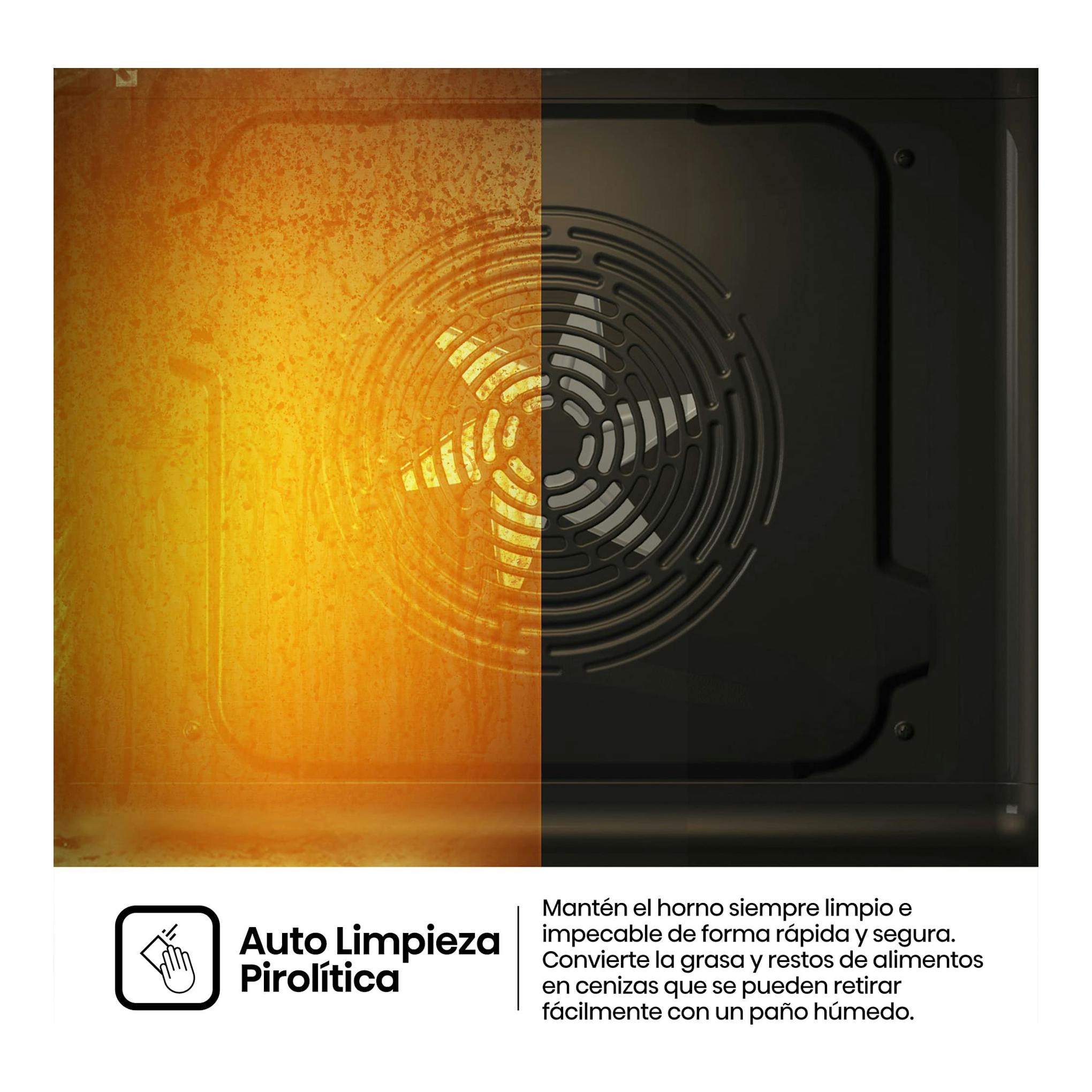 Hisense BI64223EPX: interior de horno, vista frontal, dividido entre suciedad y limpieza pirolítica.