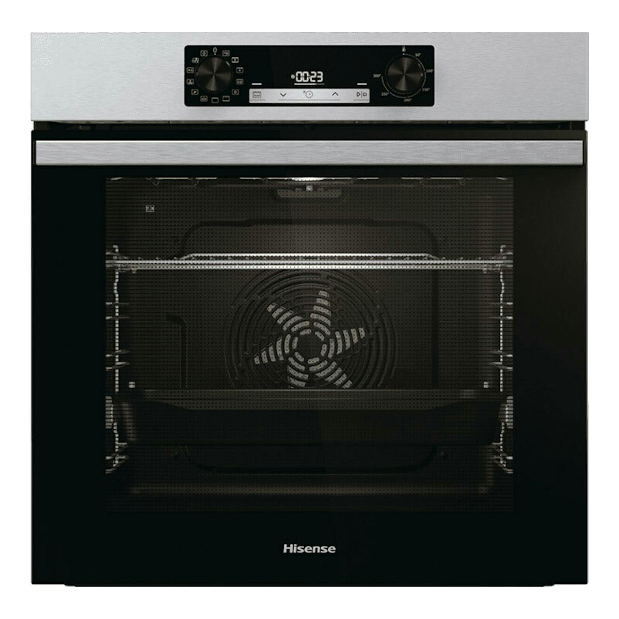 Horno Hisense BI64EPXE1SOL inox, vista frontal, puerta de cristal negro y panel superior con mandos plateados.