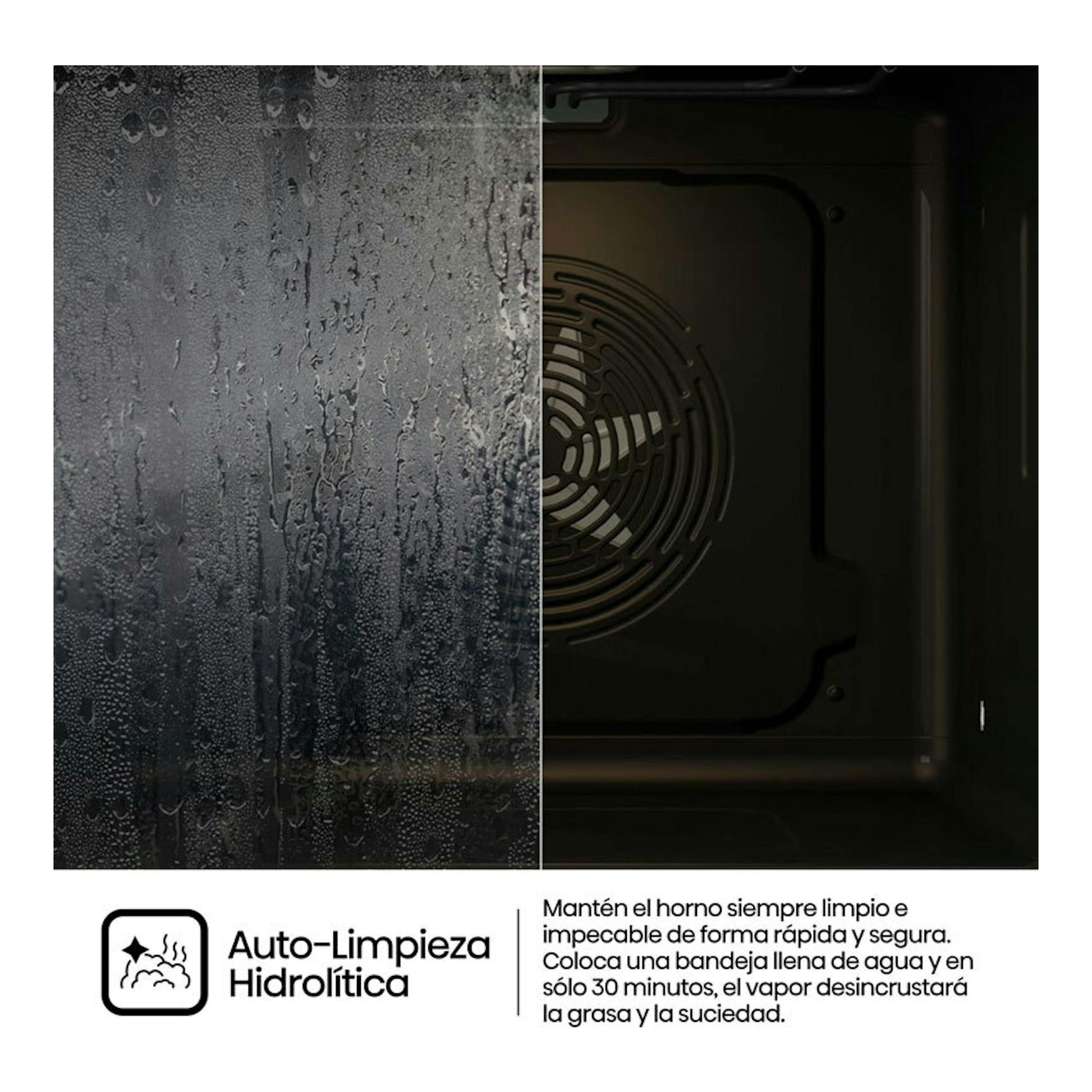 Horno Hisense BI64EPXE1SOL inox, vista frontal parcial con interior oscuro, ventilador y cristal con gotas de agua.