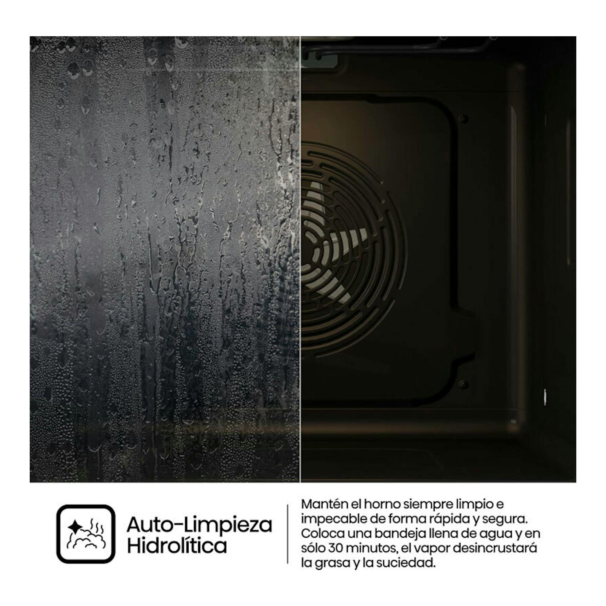 Horno Hisense BI64EPXE1SOL inox, vista frontal parcial con interior oscuro, ventilador y cristal con gotas de agua.