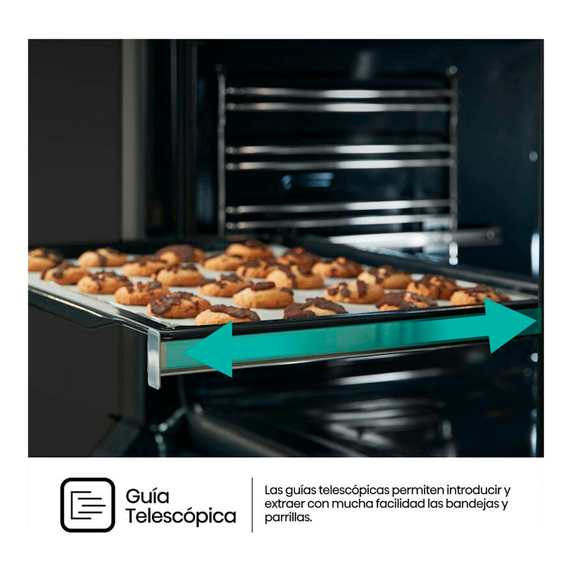 Hisense BI64EPXE1SOL Inox: interior de horno negro con bandeja de galletas y guía telescópica.