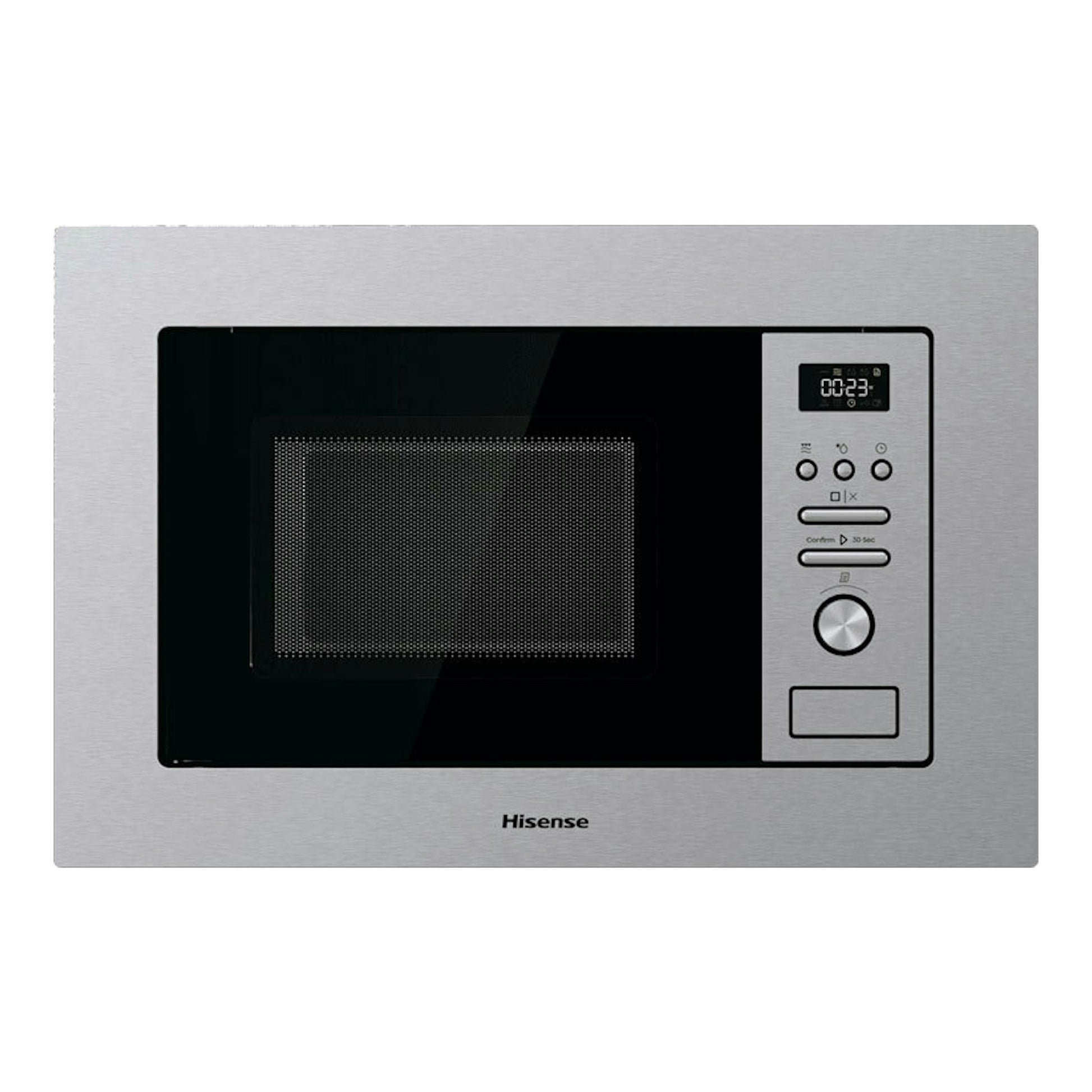 Horno microondas Hisense BIM320G41X inox, vista frontal empotrable con puerta negra y panel digital lateral.