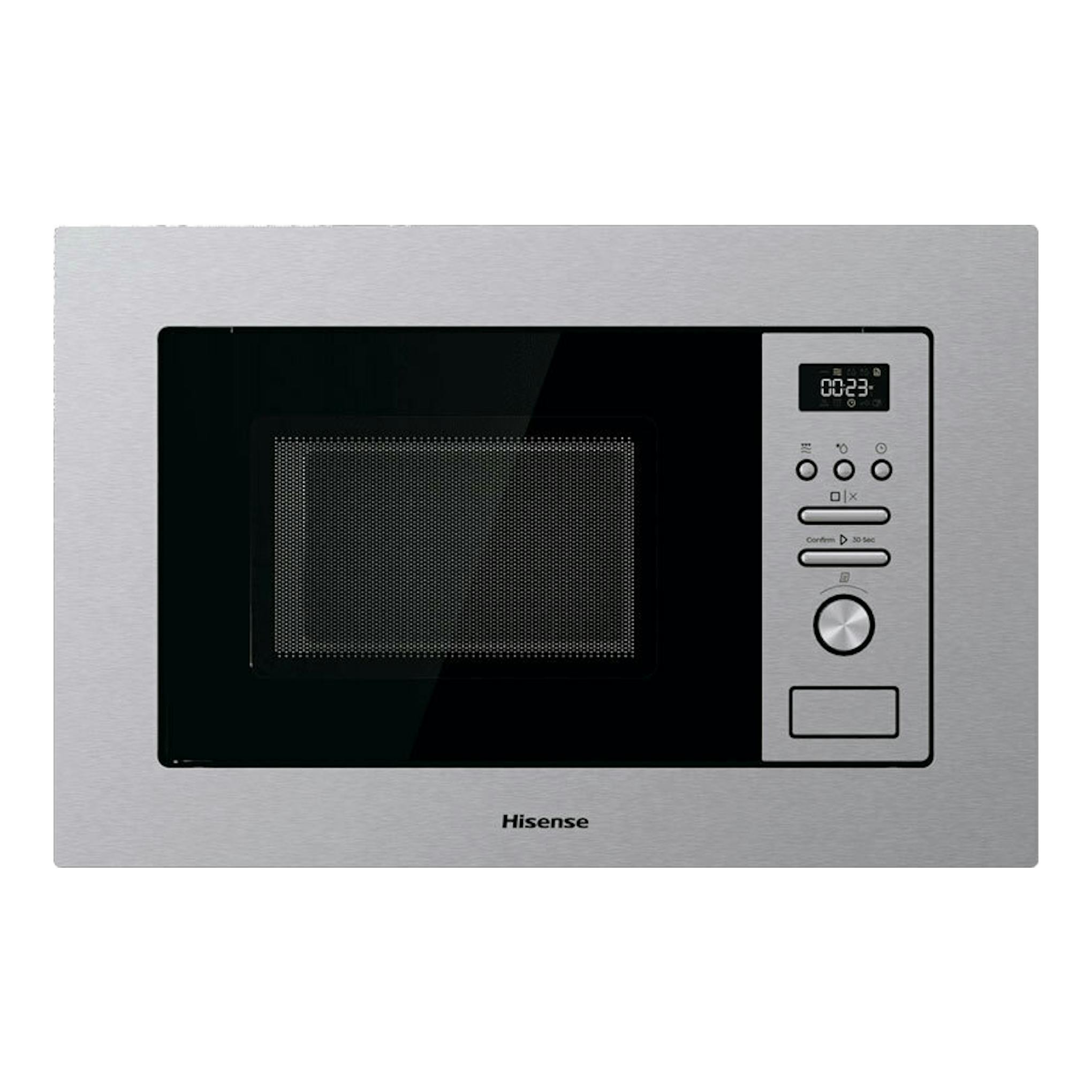 Horno microondas Hisense BIM320G41X inox, vista frontal empotrable con puerta negra y panel digital lateral.