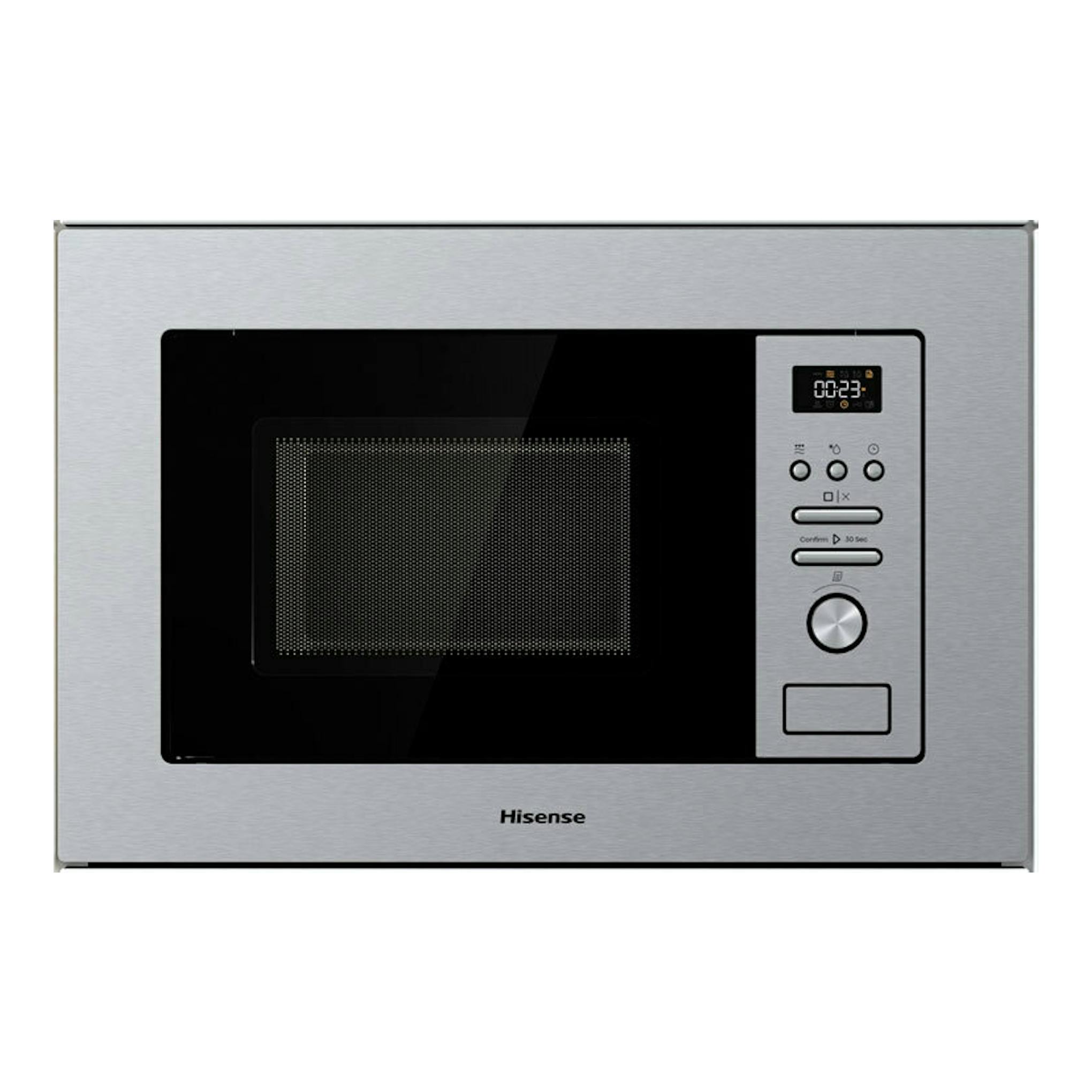 Horno empotrable Hisense BIM320G41X en inox, frontal negro con panel digital a la derecha.