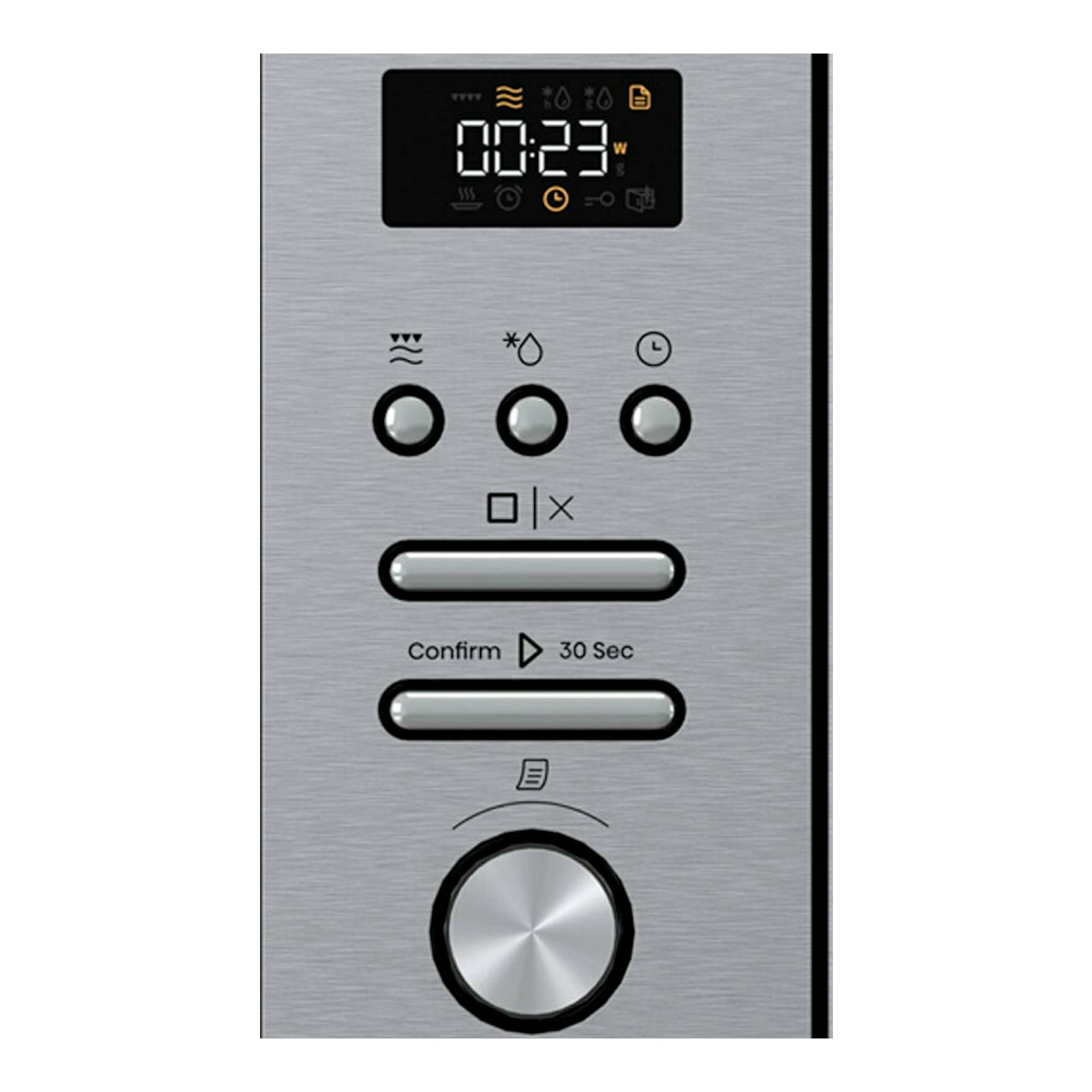 Panel frontal de horno Hisense BIM320G41X inox, con pantalla digital, botones y selector giratorio.