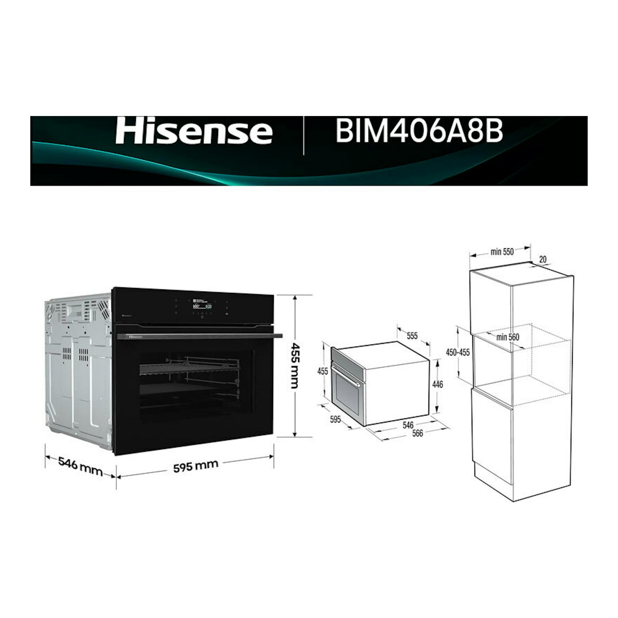Horno empotrable Hisense BIM406A8B negro, vista frontal y laterales con medidas e instalación.