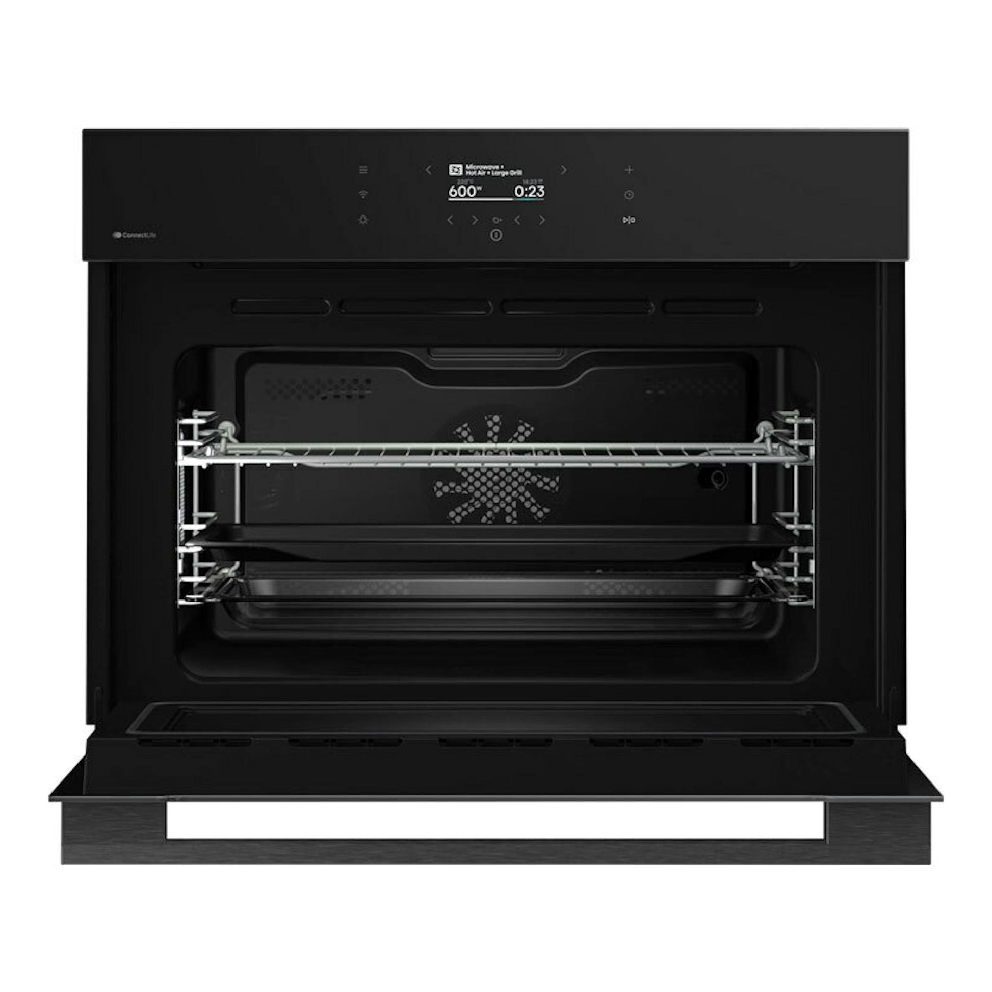 Horno empotrable Hisense BIM406A8B negro, vista frontal con puerta abierta y panel digital.