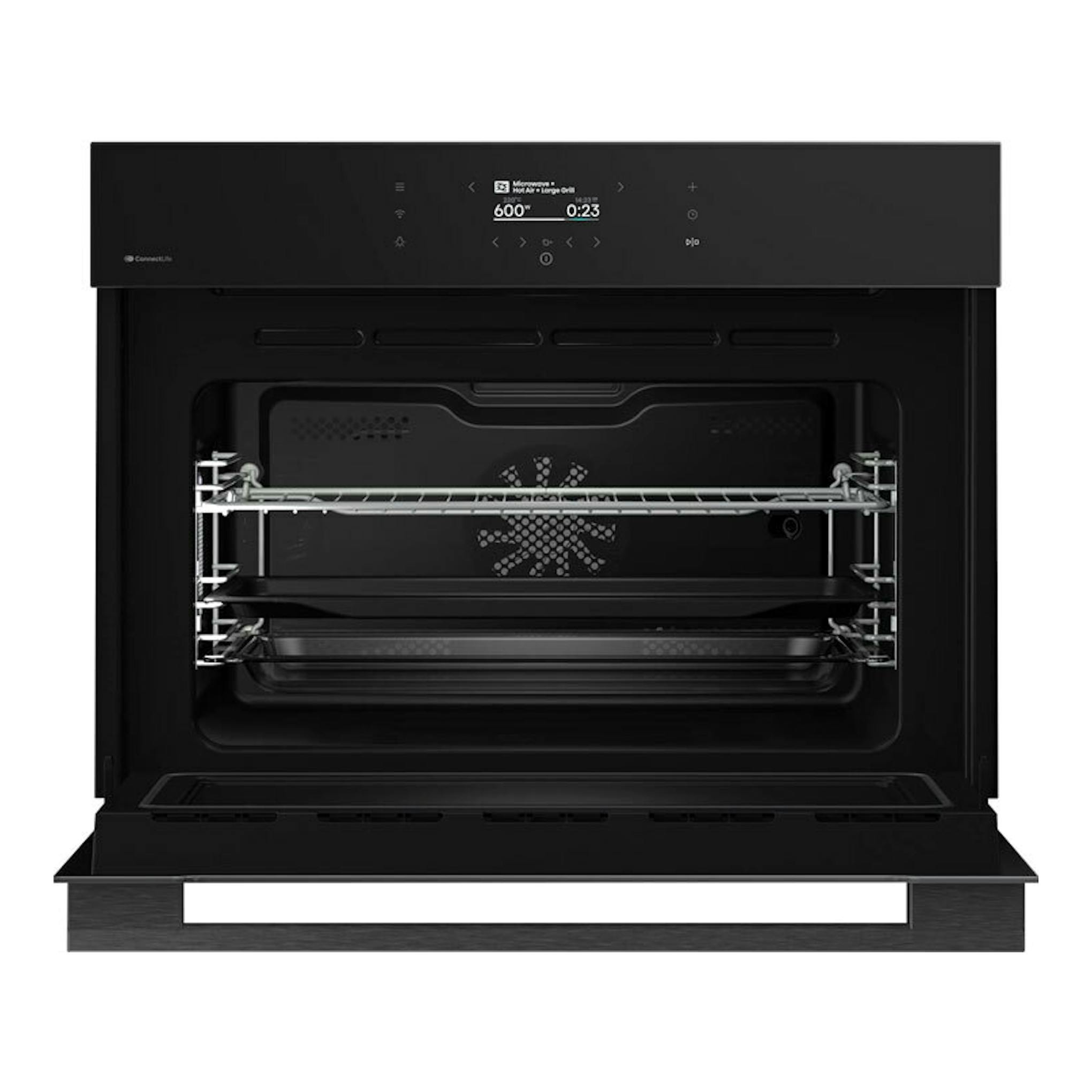 Horno empotrable Hisense BIM406A8B negro, vista frontal con puerta abierta y panel digital.