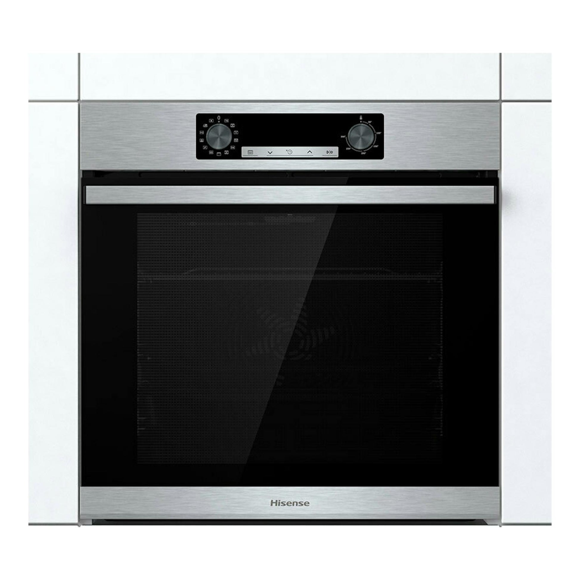 Horno empotrable Hisense BSA65226AX inox, vista frontal, con puerta de cristal negro y panel de acero.