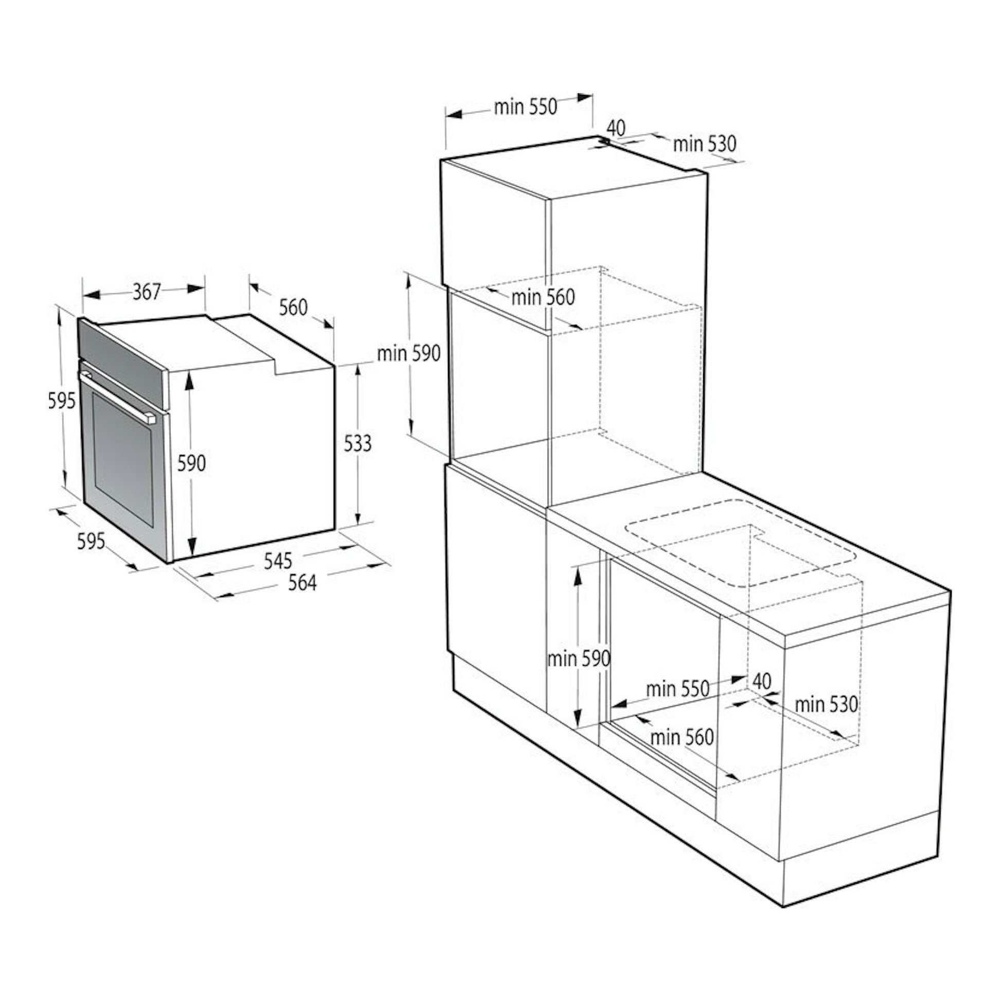 Hisense BSA65226AX, esquema de dimensiones de horno empotrable en inox, vista frontal y lateral.
