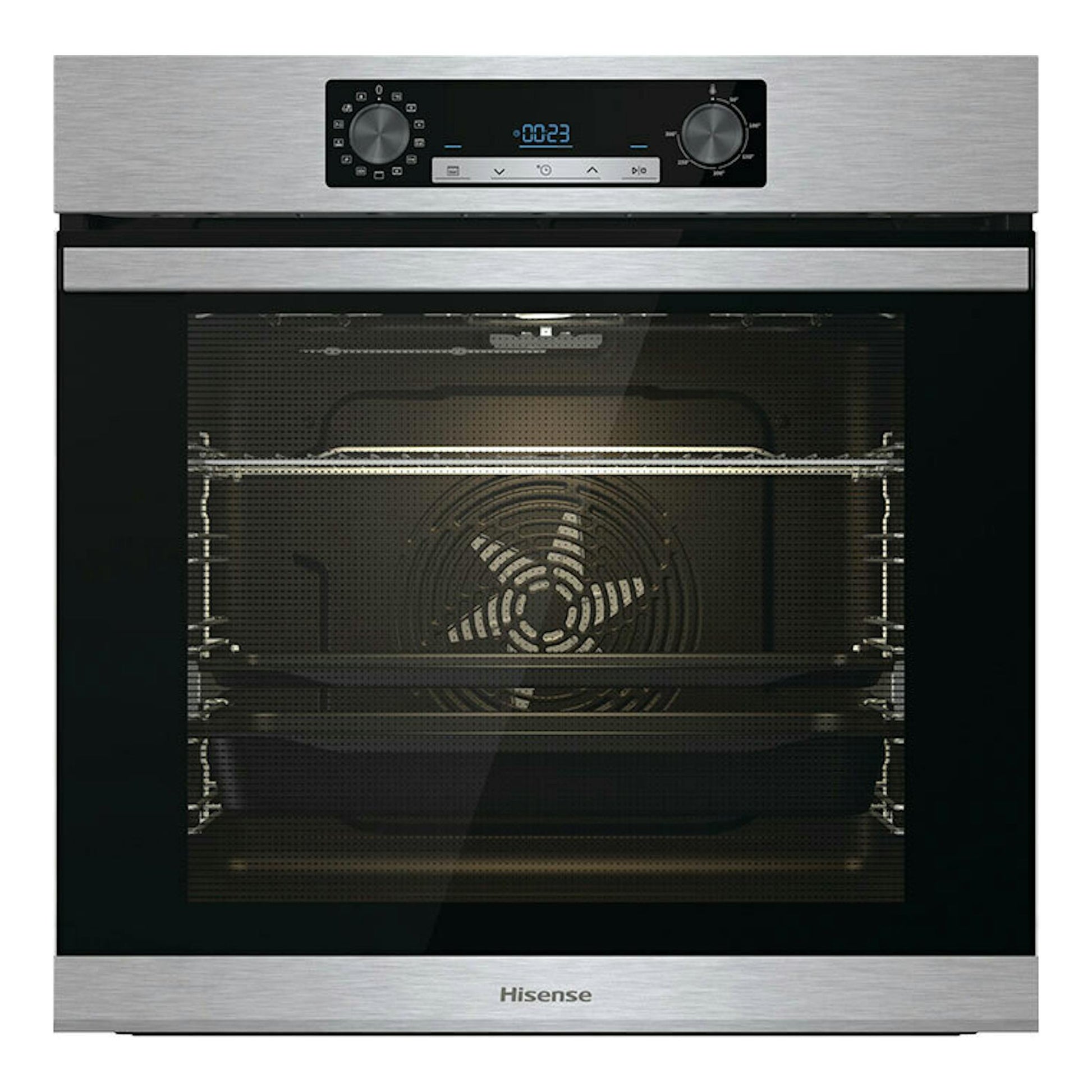 Horno Hisense BSA65226AX inox, vista frontal, con puerta de cristal negro y panel digital superior.