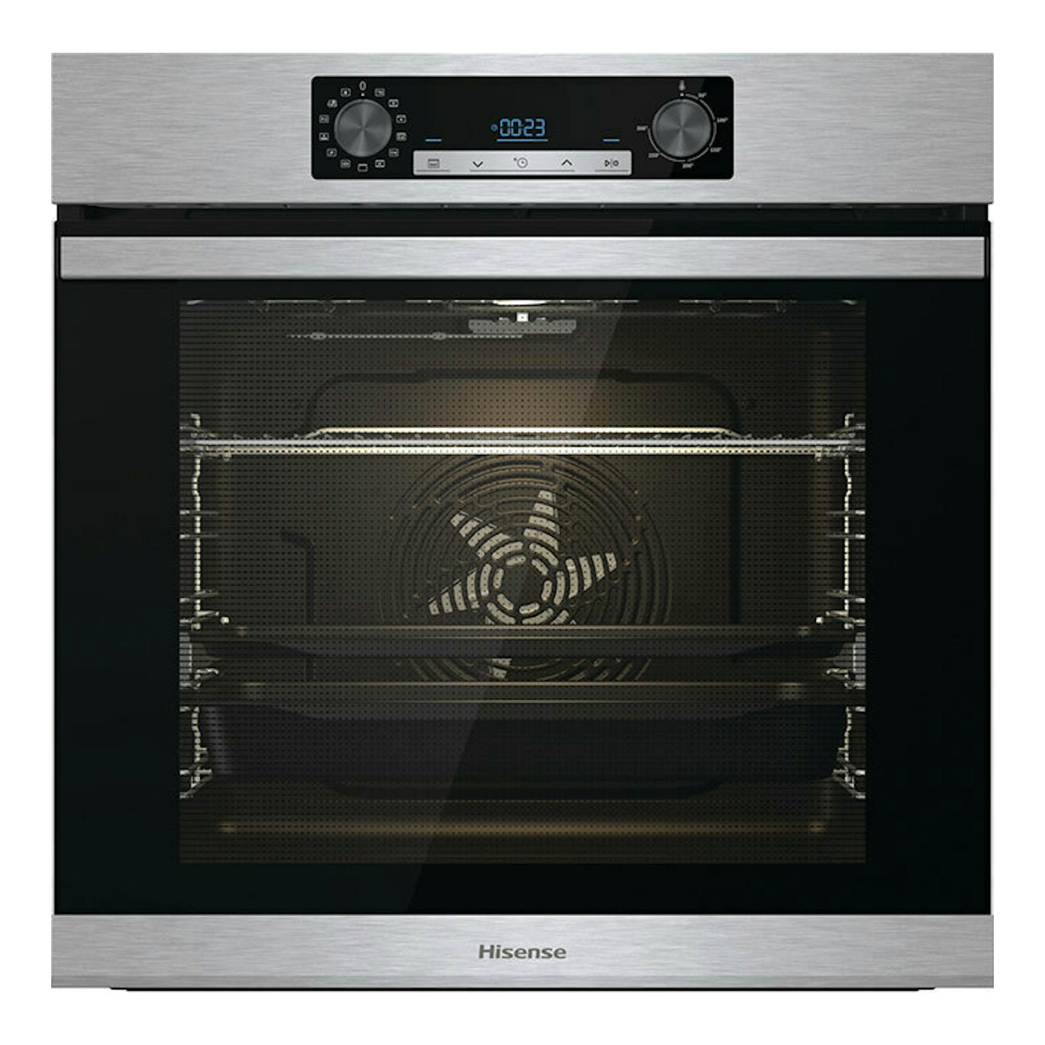 Horno Hisense BSA65226AX inox, vista frontal, con puerta de cristal negro y panel digital superior.