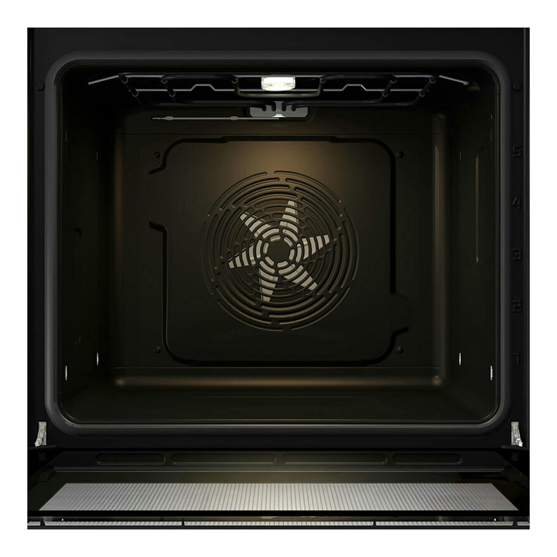 Interior de horno Hisense BSA65226AX inox, vista frontal abierta, cavidad negra con ventilador trasero.