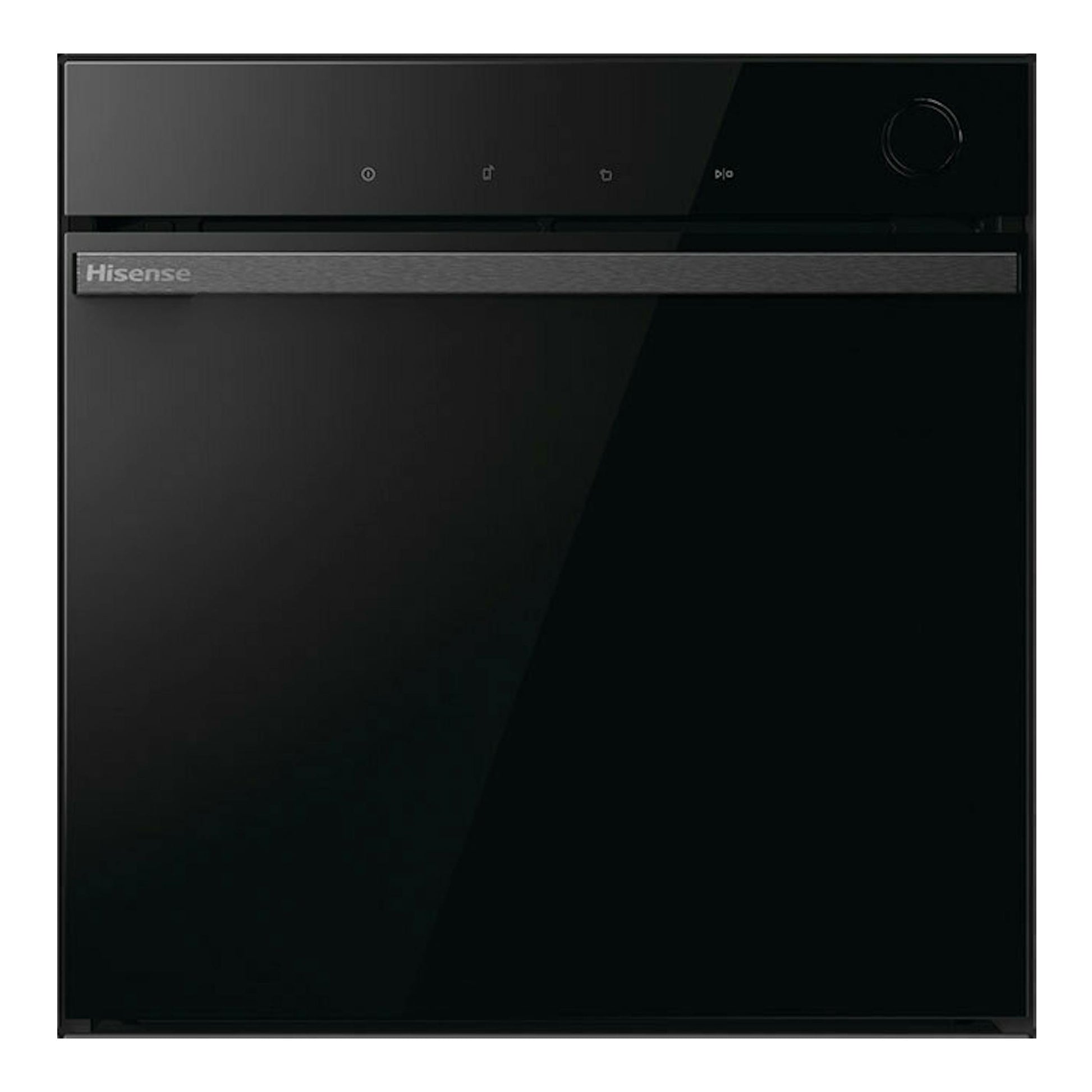 Horno empotrado Hisense BSA66346ADBGWIFI de cristal negro, vista frontal.
