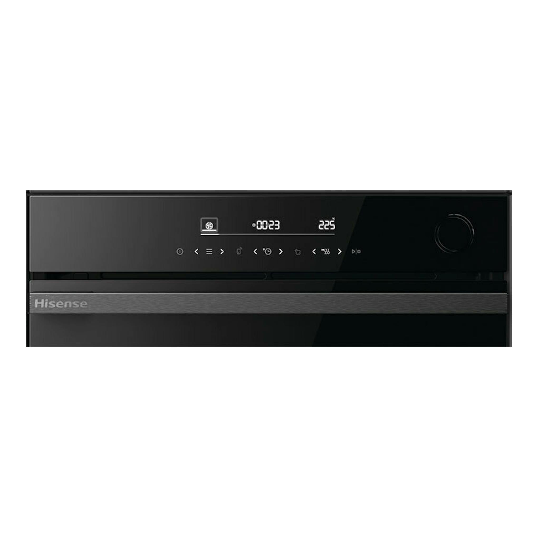 Horno empotrado Hisense BSA66346ADBGWIFI en cristal negro, vista frontal con panel digital y mando.