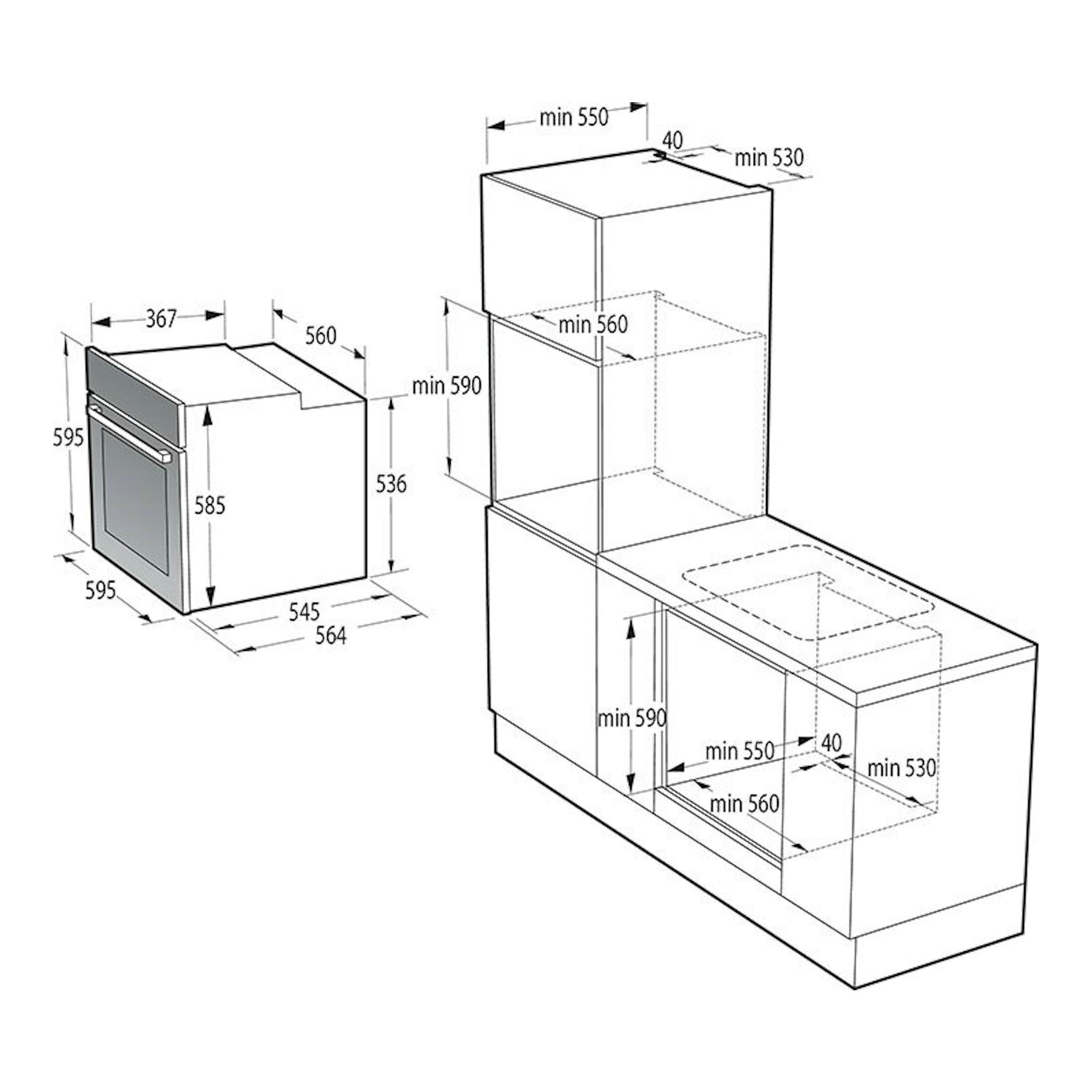 Hisense BSA66346PBGWIFI: esquema técnico de horno negro empotrable con medidas de instalación.