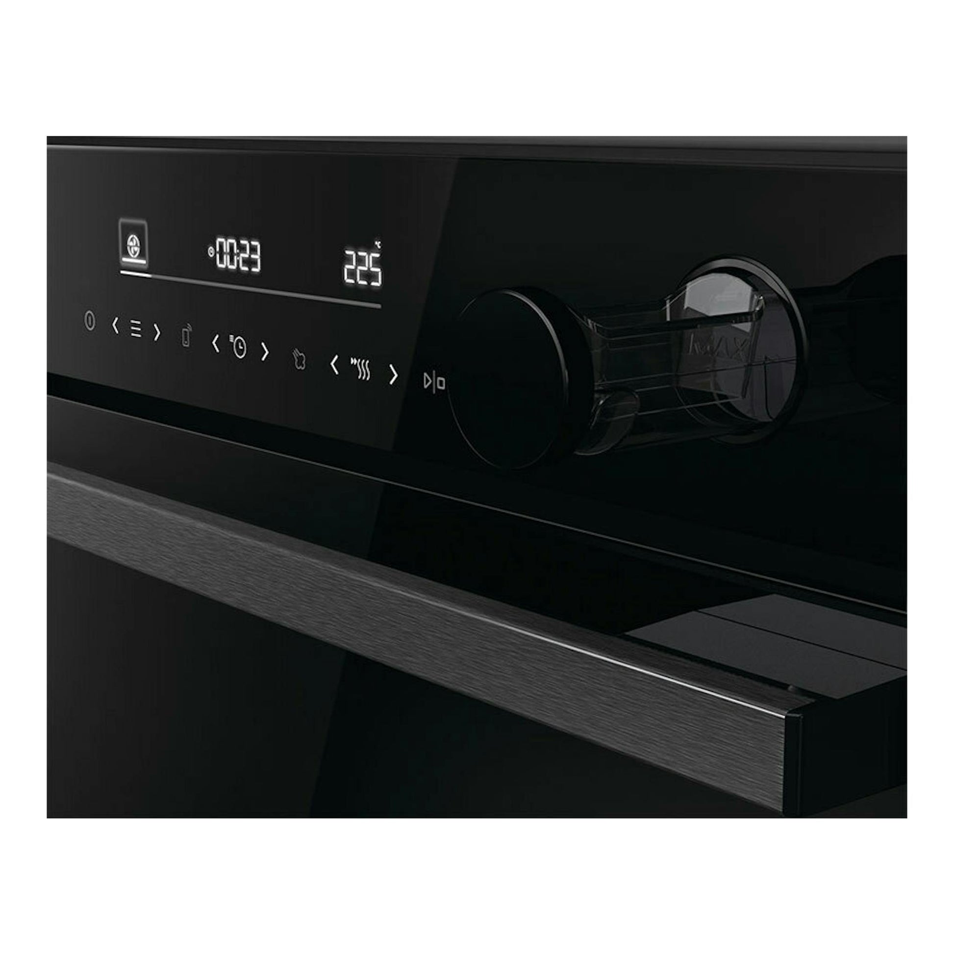 Panel frontal de horno Hisense BSA66346PBGWIFI negro, con display digital y mando giratorio.