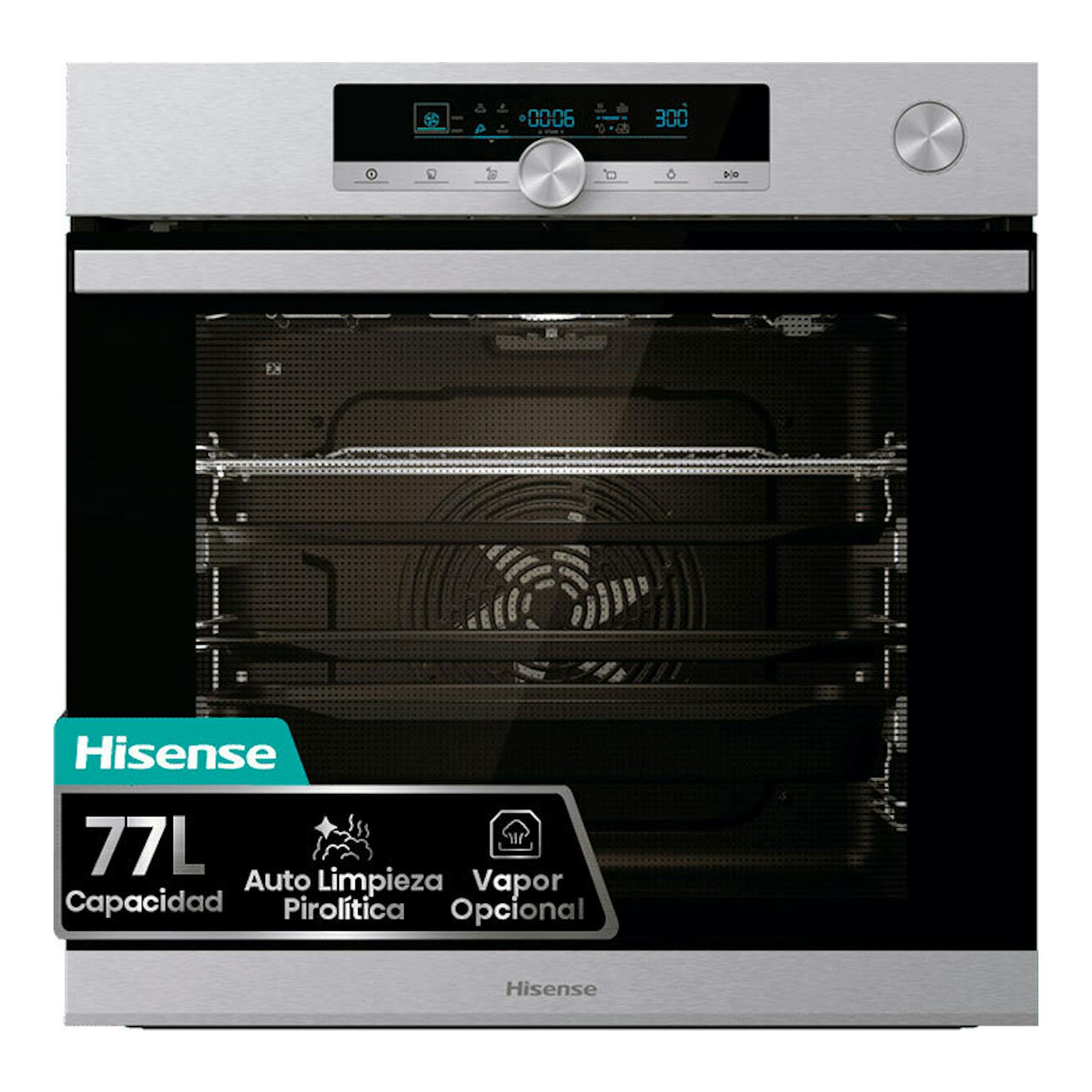 Horno Hisense O643PX inox, vista frontal, con puerta de cristal negro y panel digital superior.