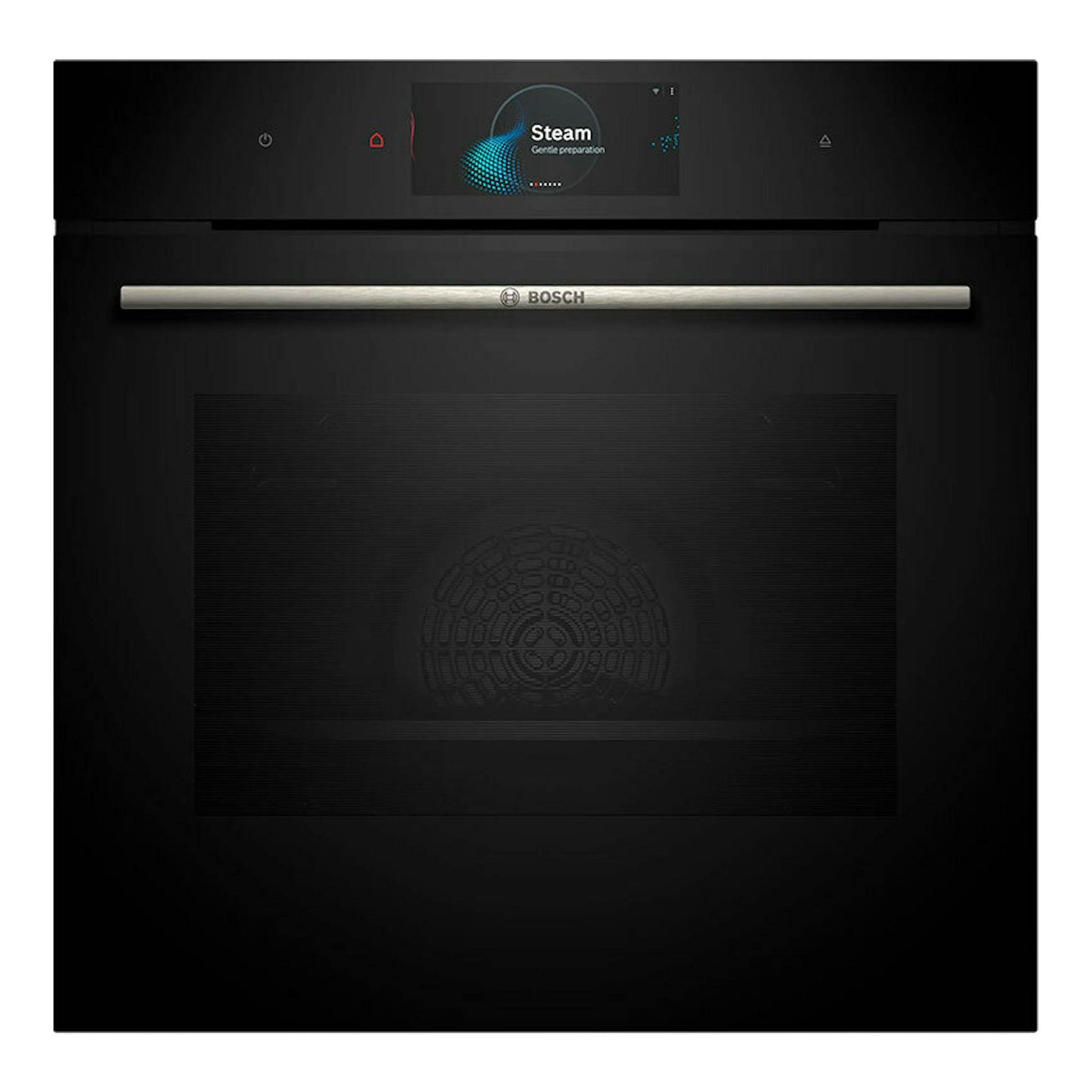 Horno integrable Bosch HRG7784B1 negro, vista frontal, con pantalla central y tirador metálico.