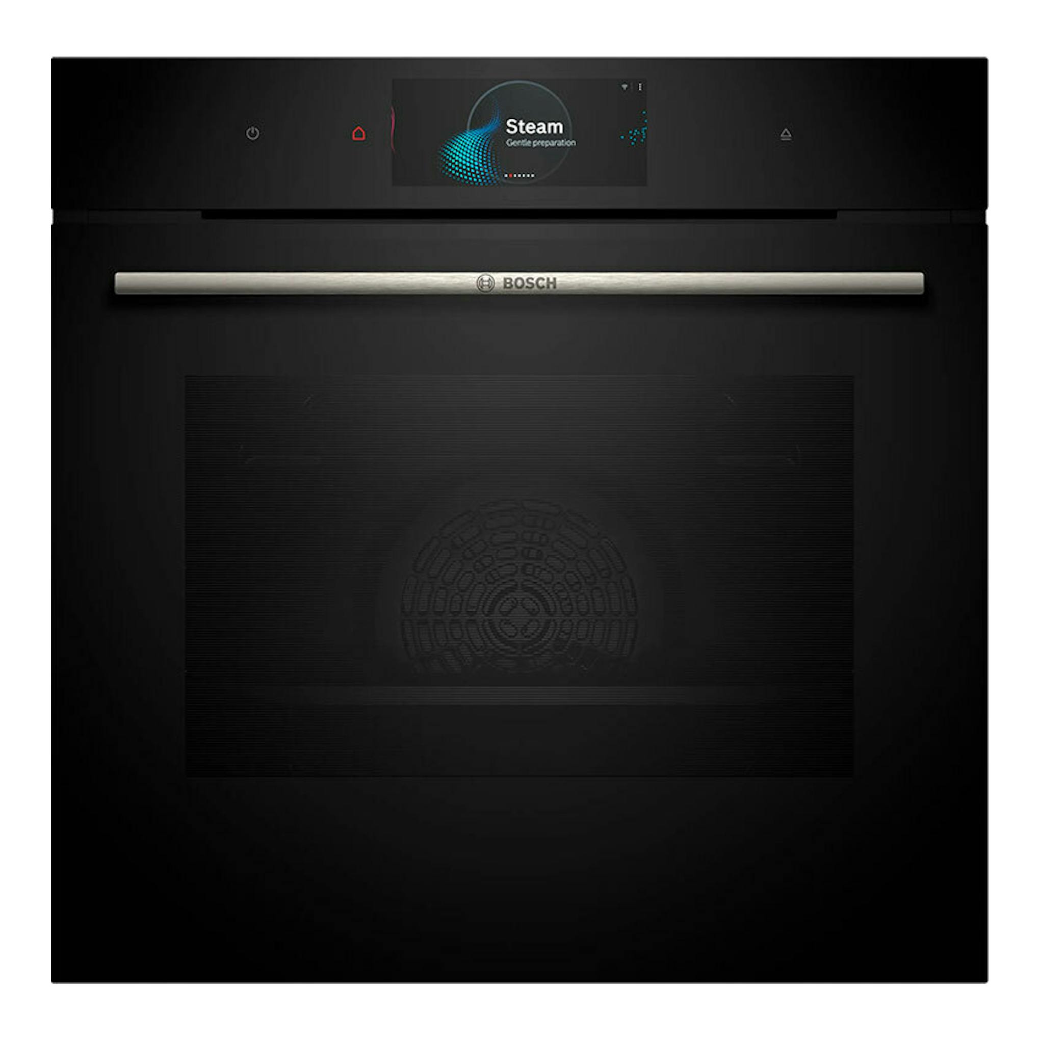 Horno integrable Bosch HRG7784B1 negro, vista frontal, con pantalla central y tirador metálico.