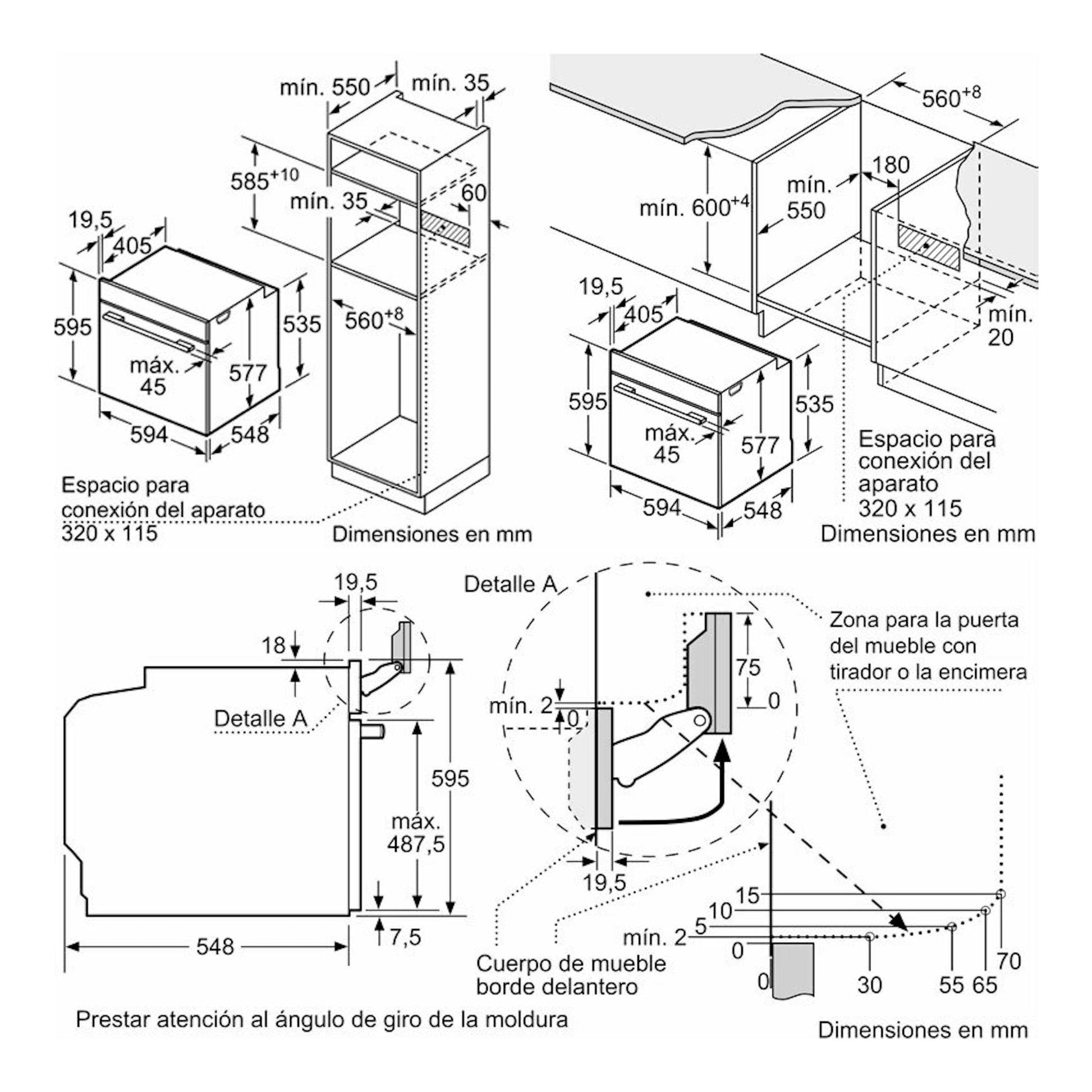 Bosch HRG7784B1, esquema técnico en negro con medidas de instalación y giro de puerta de horno integrable.