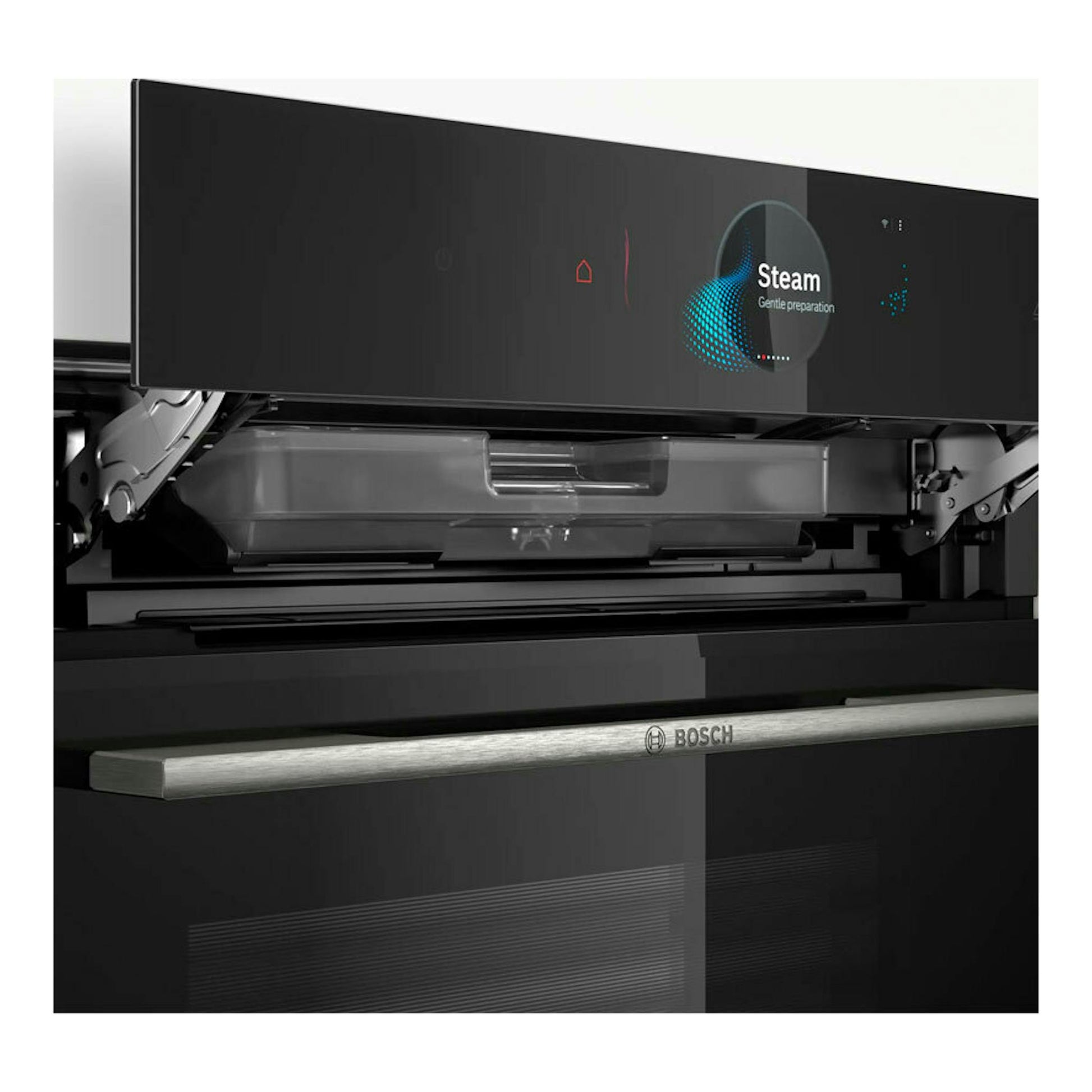 Horno integrable Bosch HRG7784B1 negro, con la puerta abatida y panel frontal táctil, vista frontal.