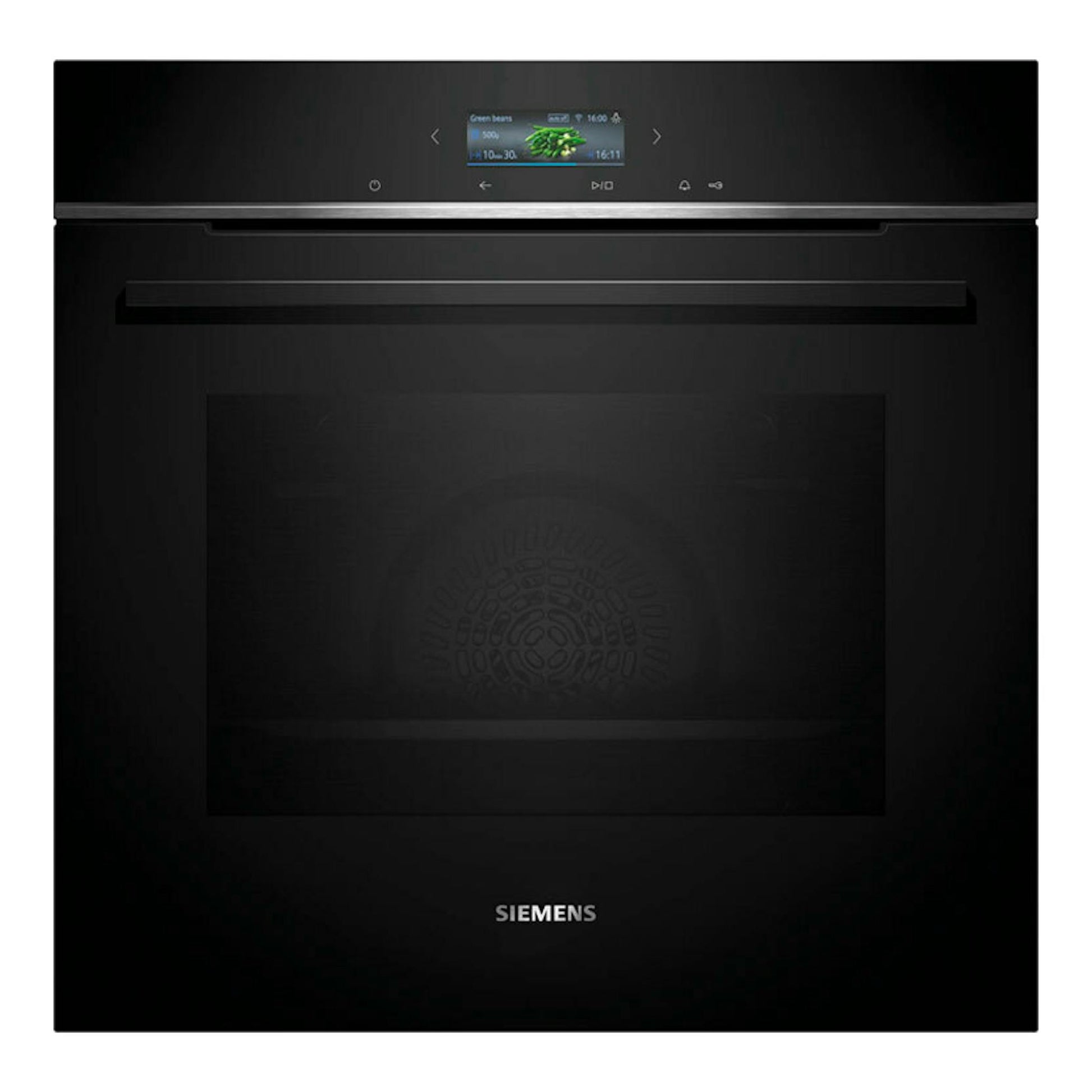 Horno integrable Siemens HB734G1B1 negro, vista frontal, con pantalla digital superior.