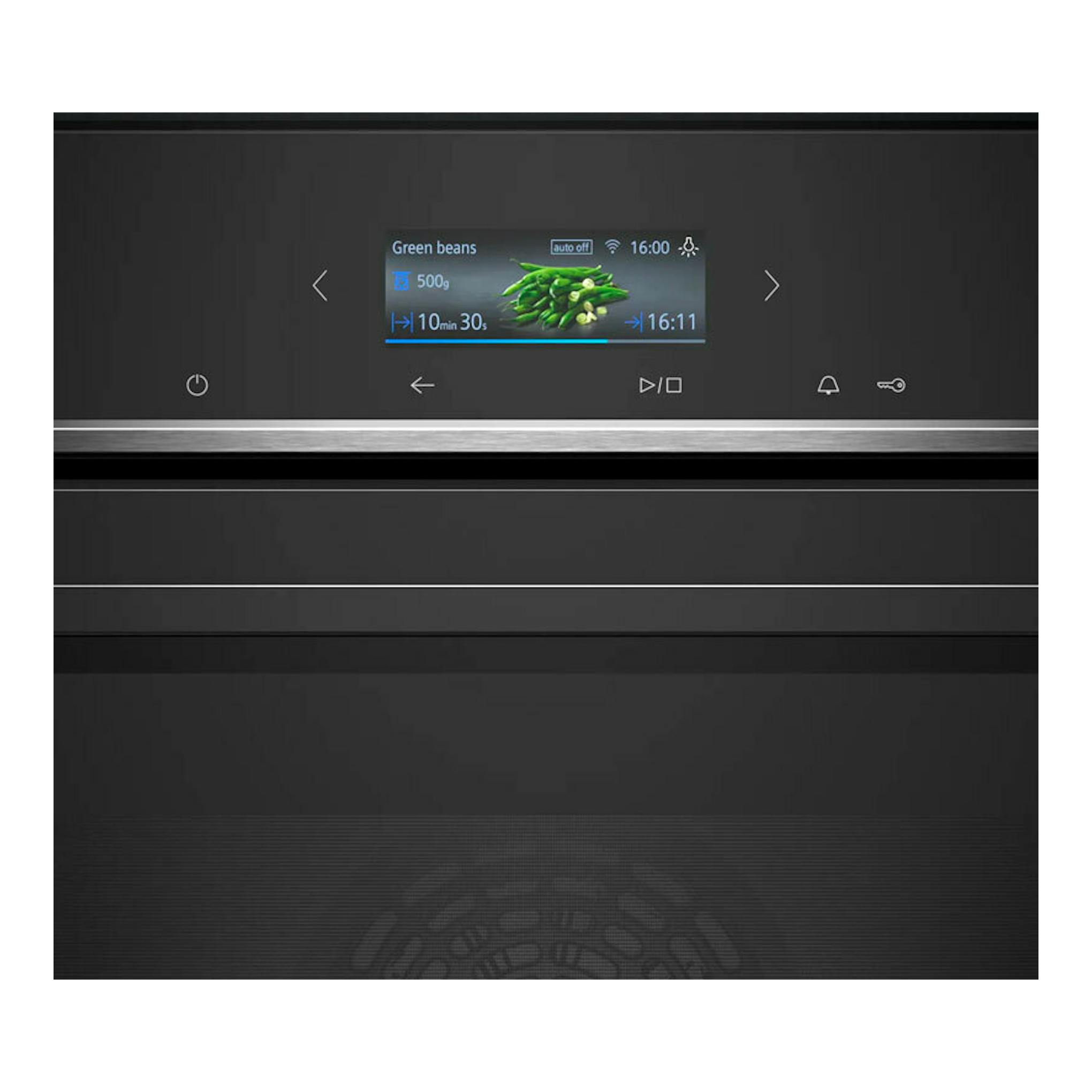 Horno integrable Siemens HB734G1B1 negro, vista frontal con panel táctil y pantalla iluminada.