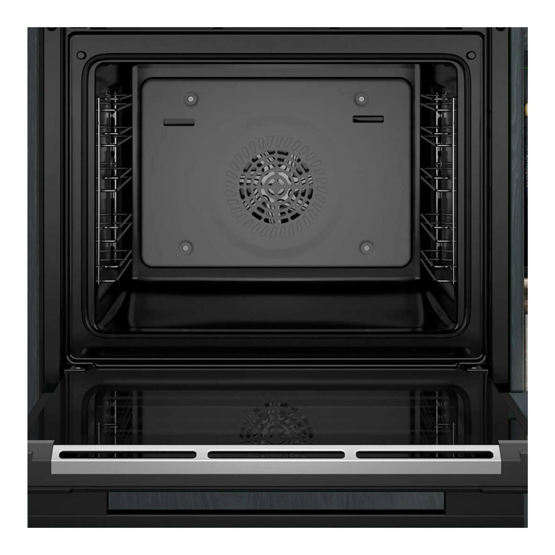 Siemens HB734G1B1, horno integrable negro abierto, vista frontal del interior con ventilador central.