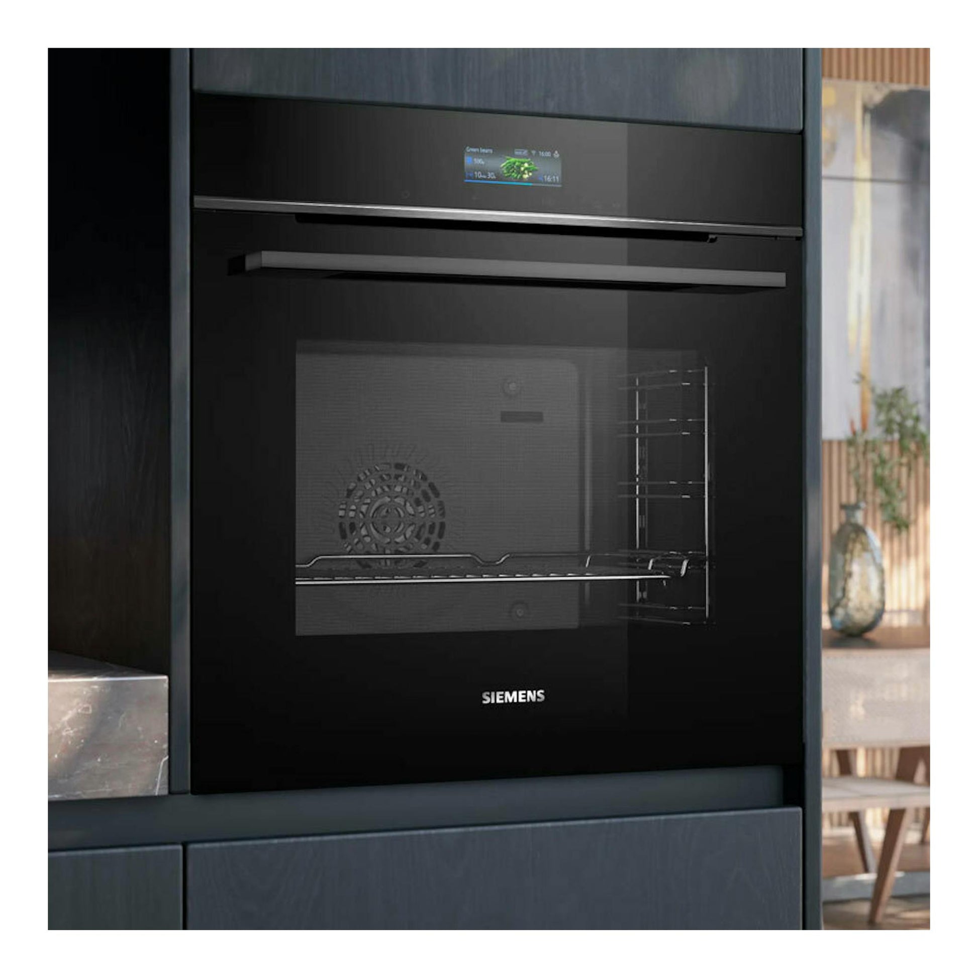 Horno integrable Siemens HB734G1B1 negro, vista frontal, con puerta de cristal y pantalla táctil.
