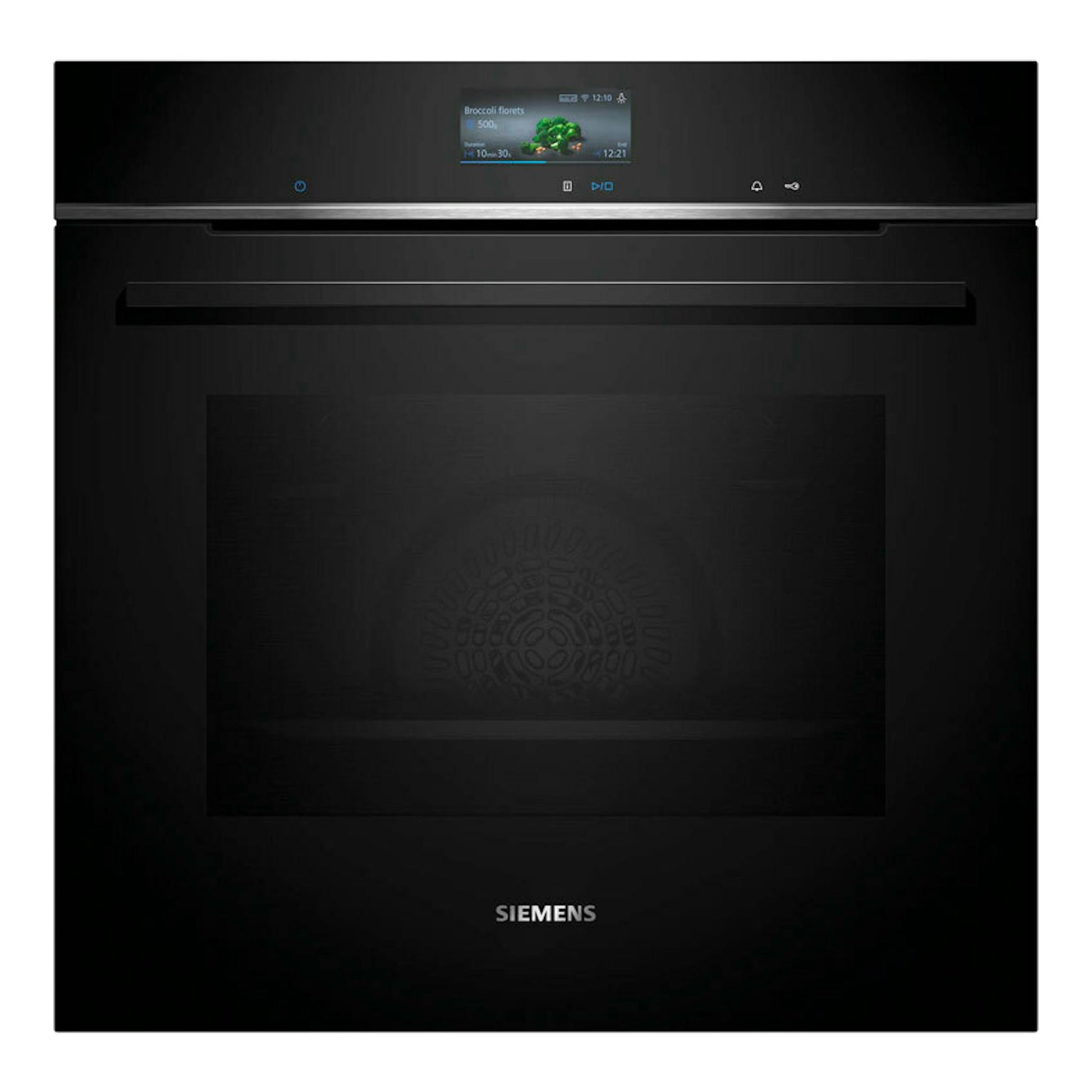 Horno integrable Siemens HB776G1B1 negro, vista frontal, con panel táctil y puerta de cristal.