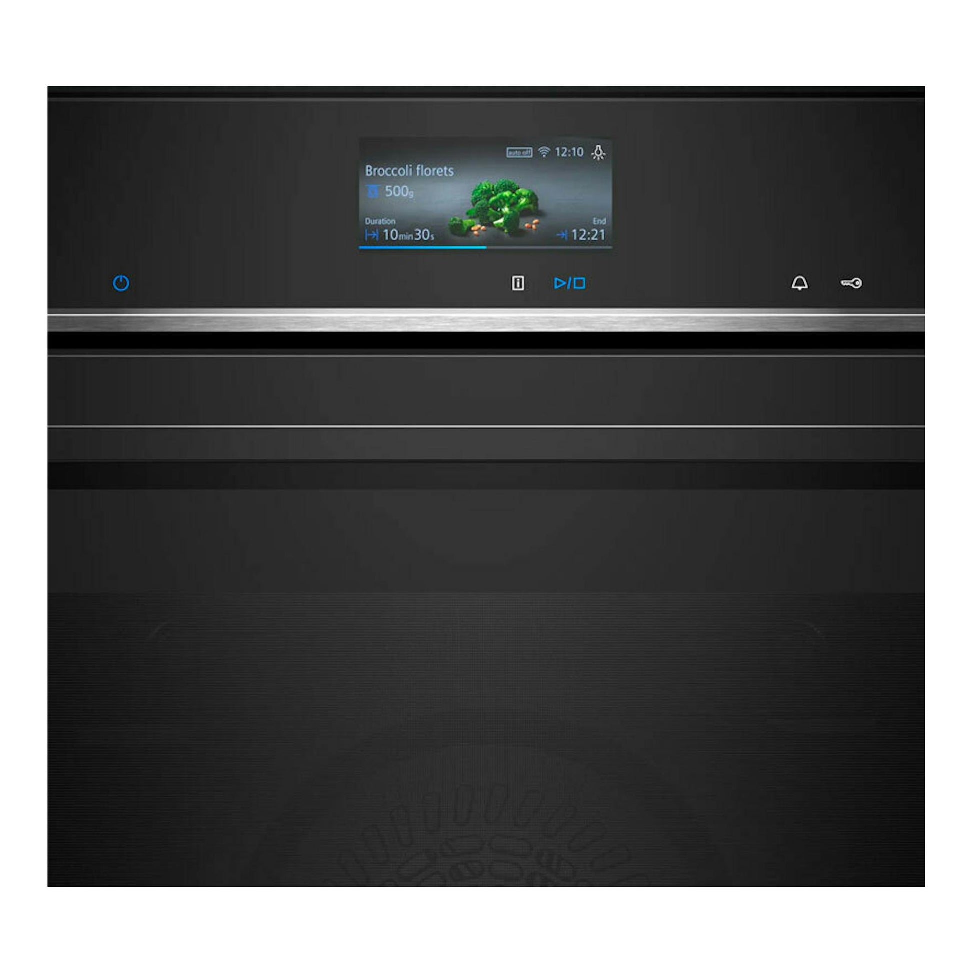 Horno integrable Siemens HB776G1B1 negro, vista frontal con panel táctil y pantalla central.
