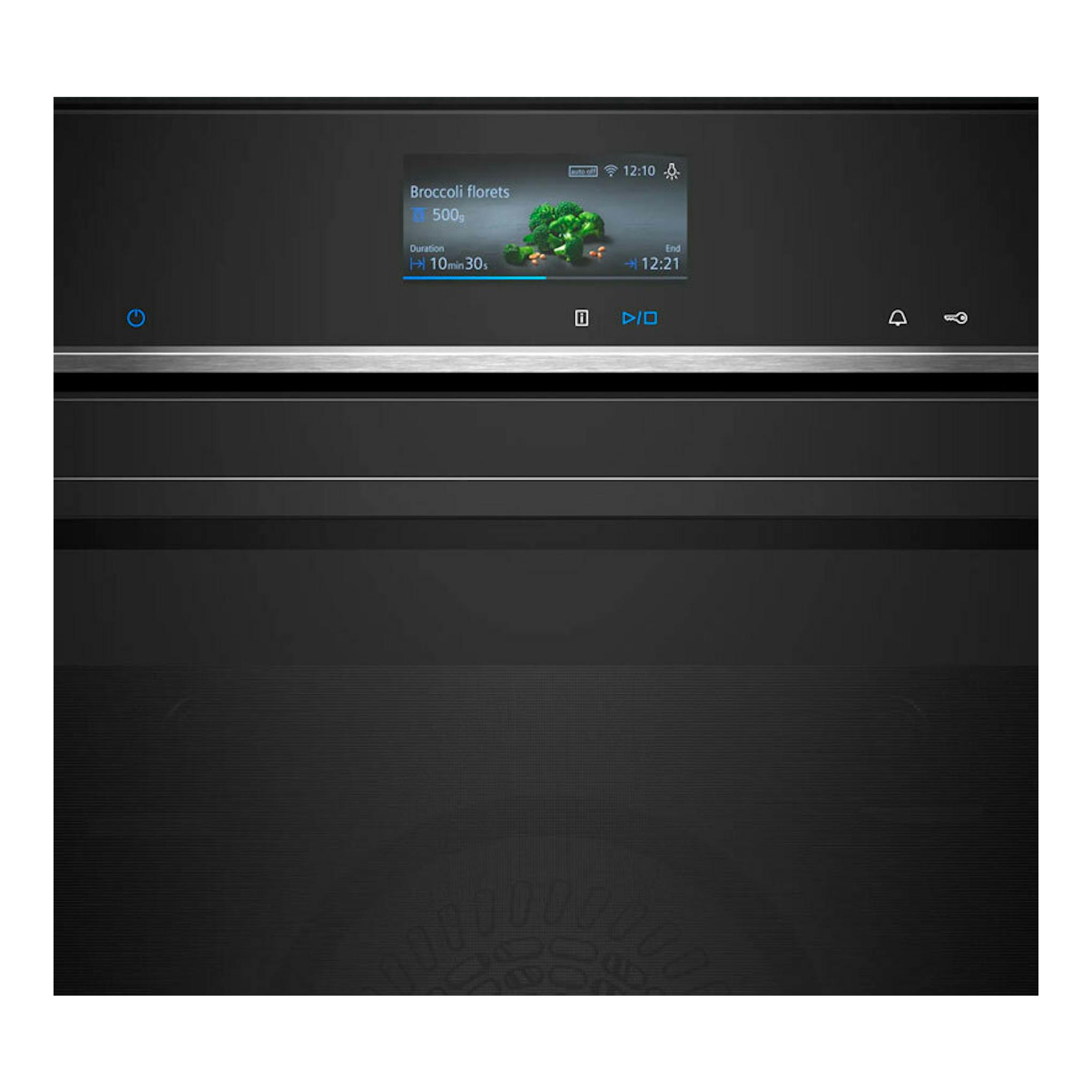 Horno integrable Siemens HB776G1B1 negro, vista frontal con panel táctil y pantalla central.