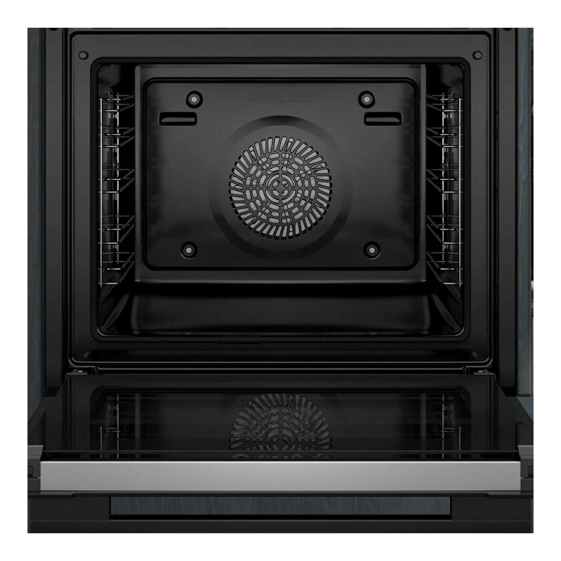 Interior de horno integrable Siemens HB776G1B1 en negro, vista frontal con la puerta abierta.