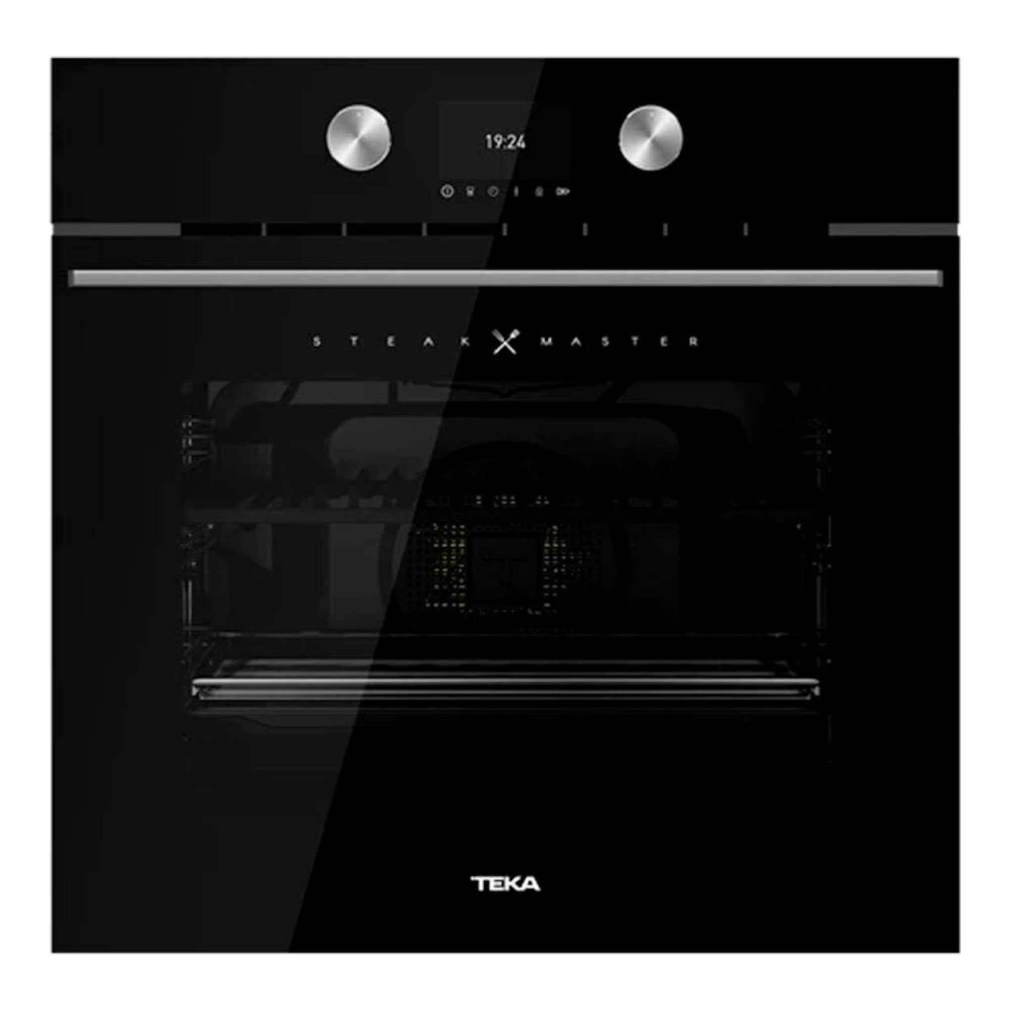 Horno integrable TEKA SteakMaster de cristal negro, vista frontal, con mandos plateados y display digital.