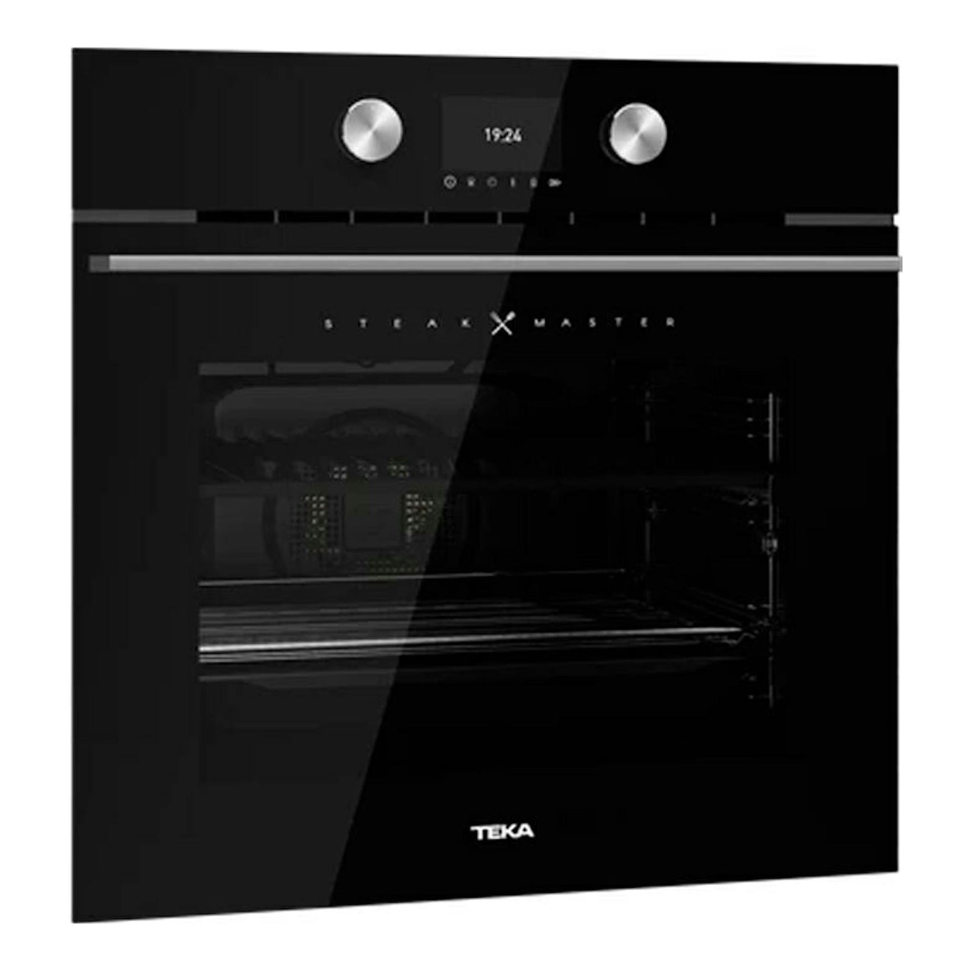Horno integrable Teka STEAKMASTER negro, vista frontal, con puerta de cristal y mandos plateados.