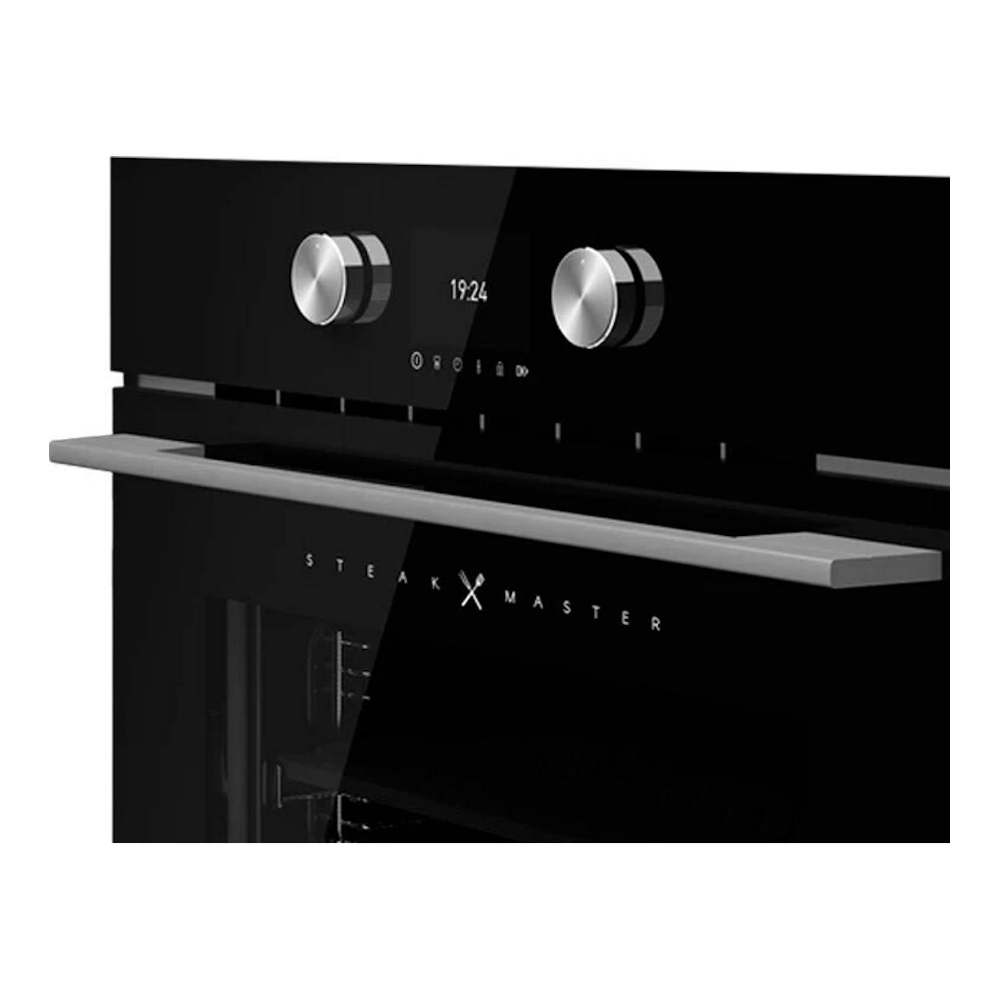 Horno integrable STEAKMASTER de cristal negro, vista frontal inclinada, con dos mandos y pantalla.