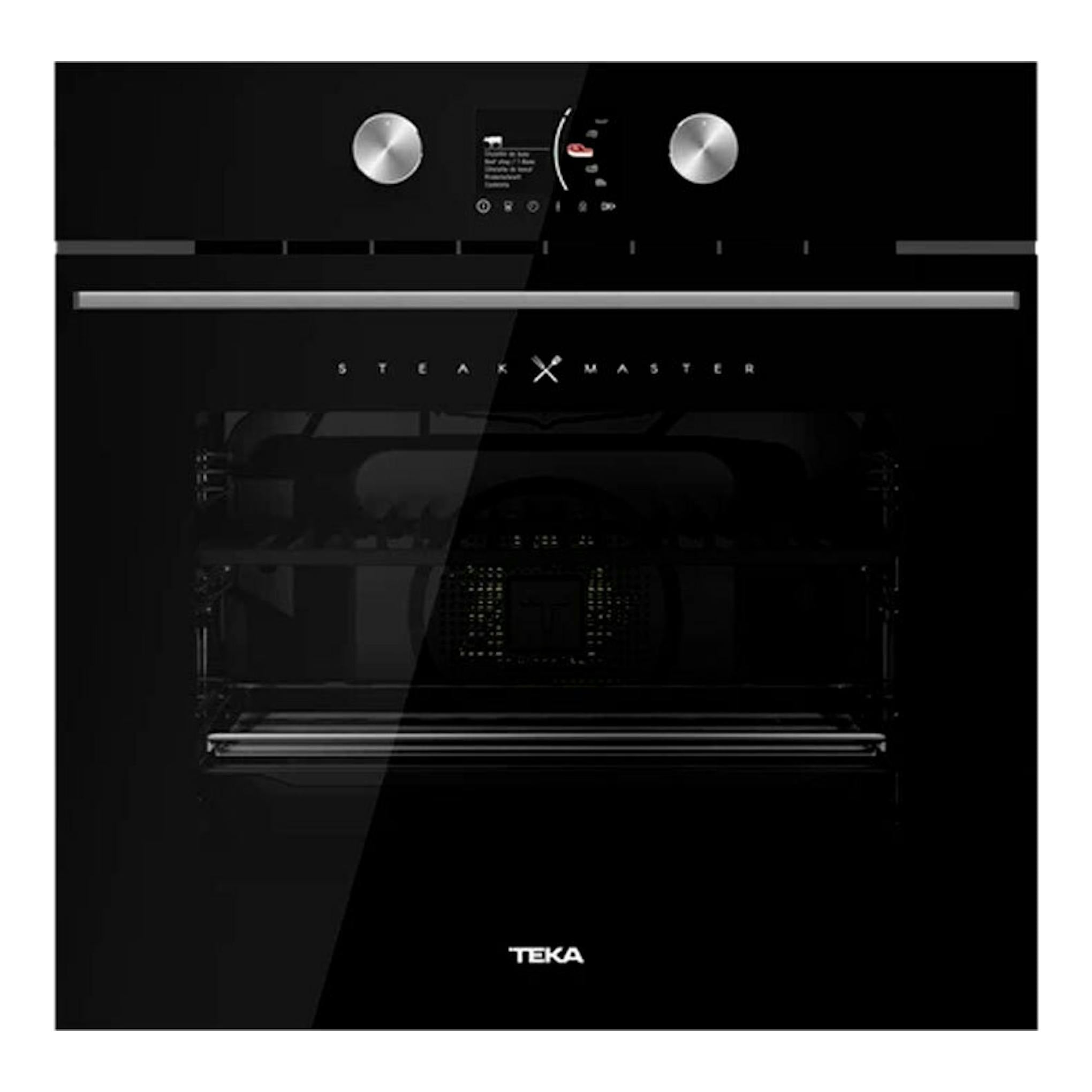 Horno integrable Teka SteakMaster de cristal negro, vista frontal, con dos mandos plateados y display central.