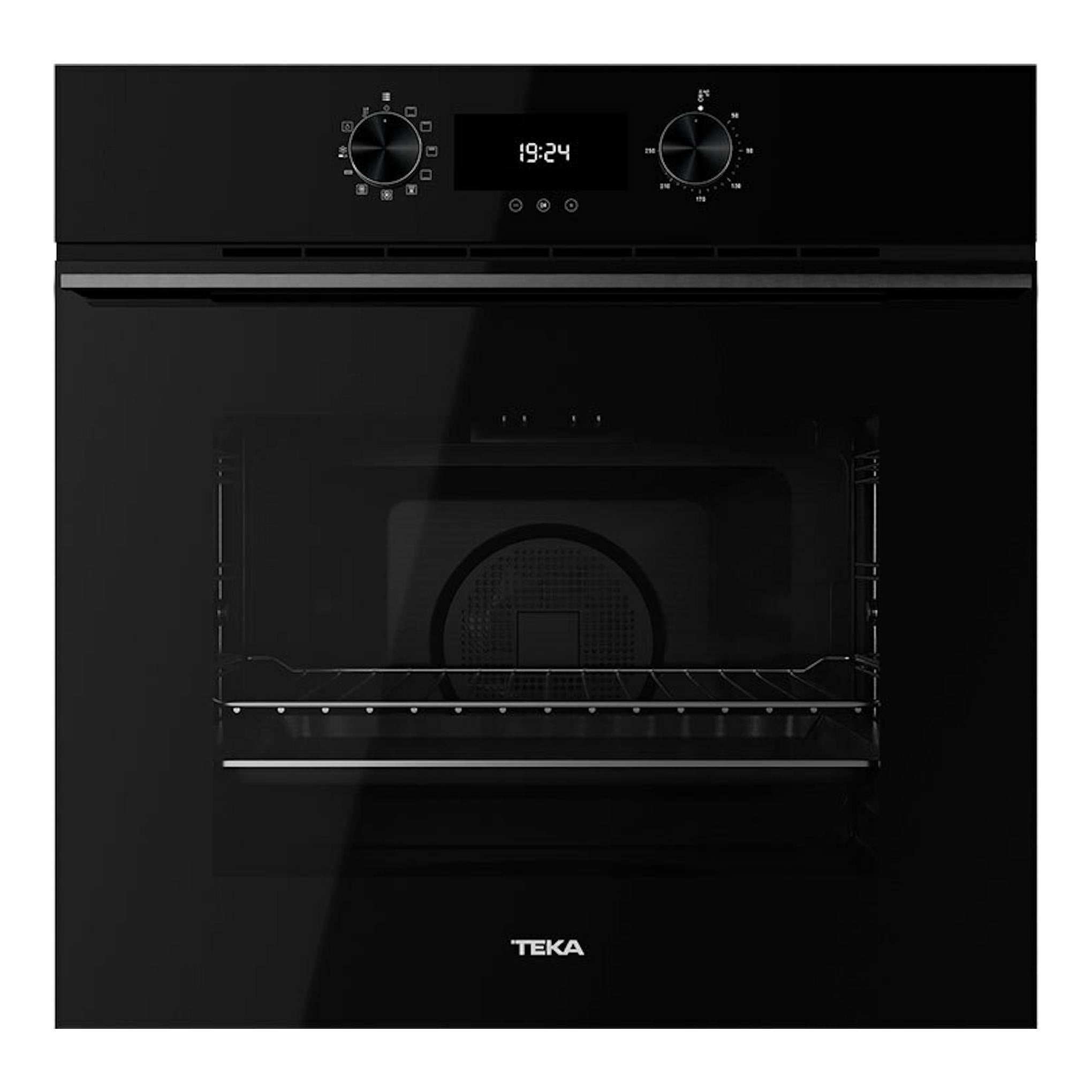 Horno integrable Teka HLB8400 negro, vista frontal, con panel digital y dos mandos.