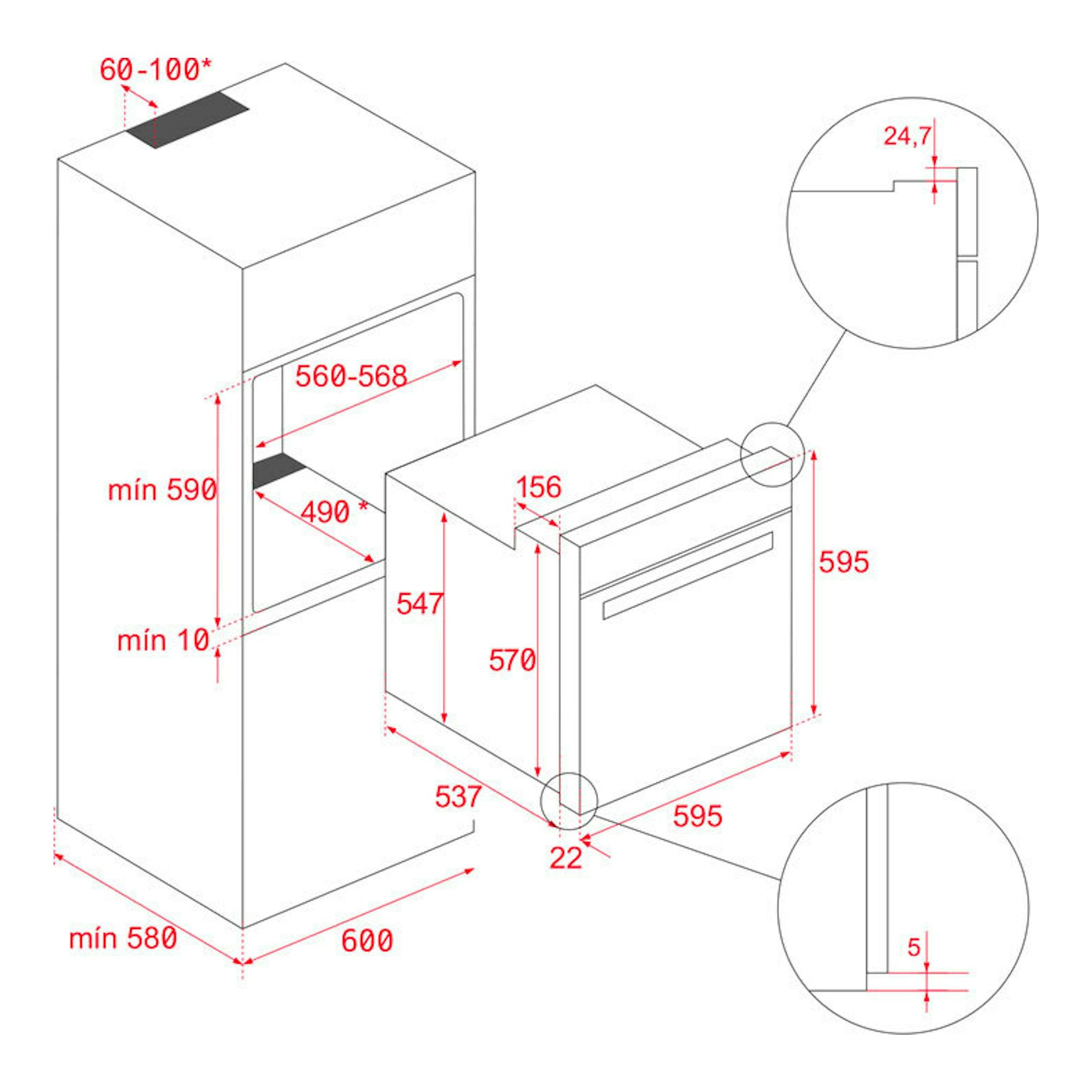 Teka HLB84G1BM: esquema isométrico de horno integrable negro mate con medidas de instalación.