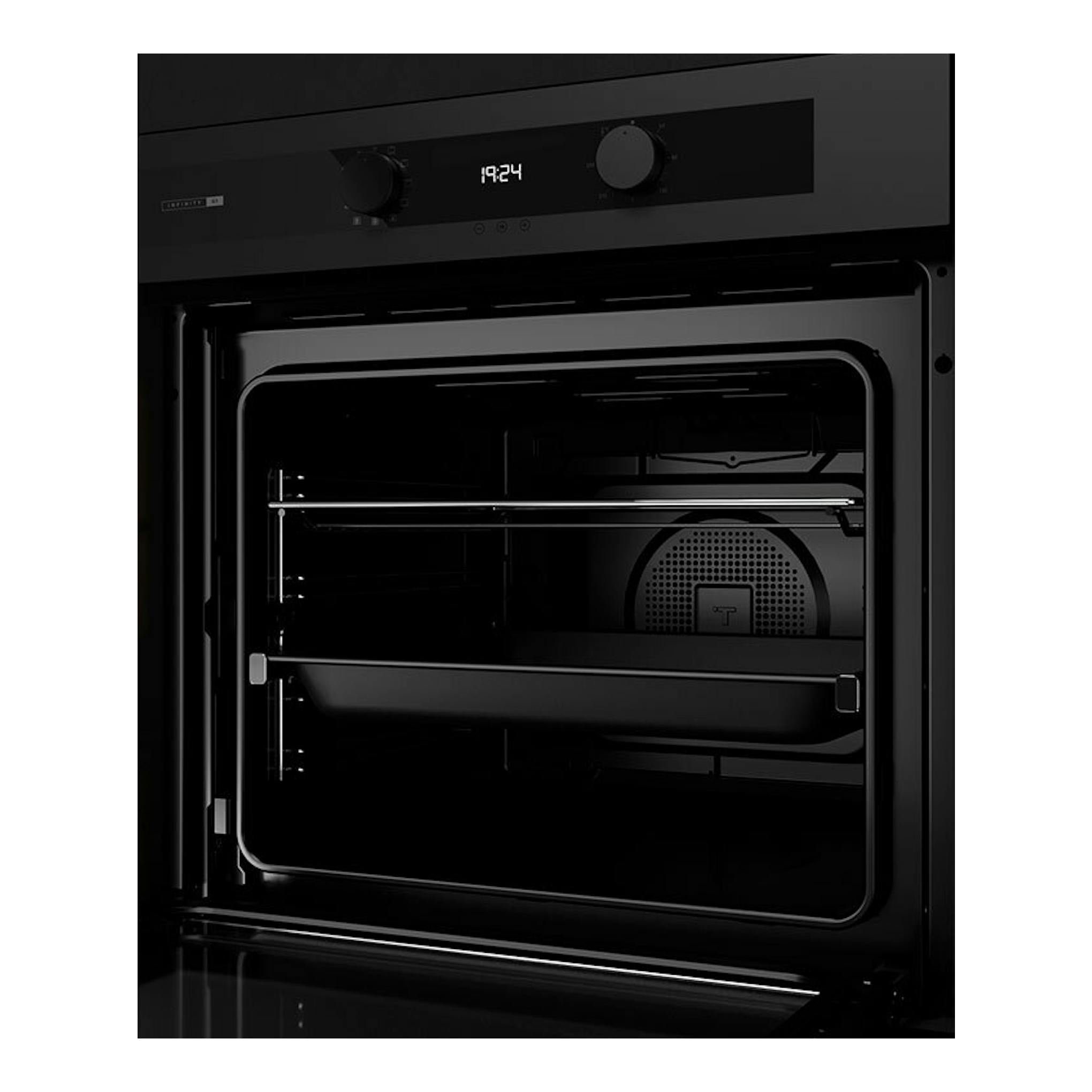 Horno integrable Teka HLB84G1BM negro mate, vista frontal con puerta abierta y panel digital.