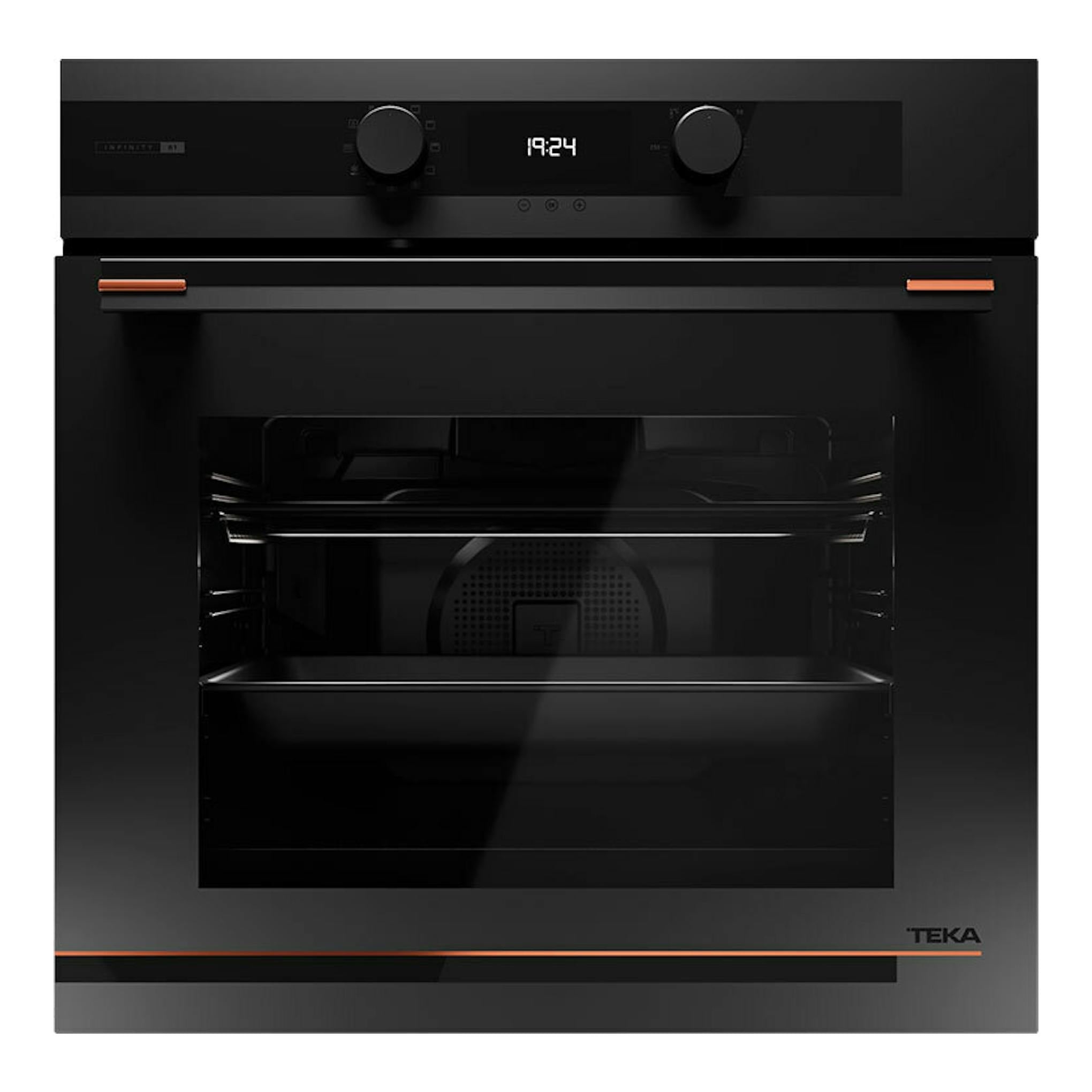 Horno integrable Teka HLB84G1PBM negro, vista frontal, con dos mandos y display digital.