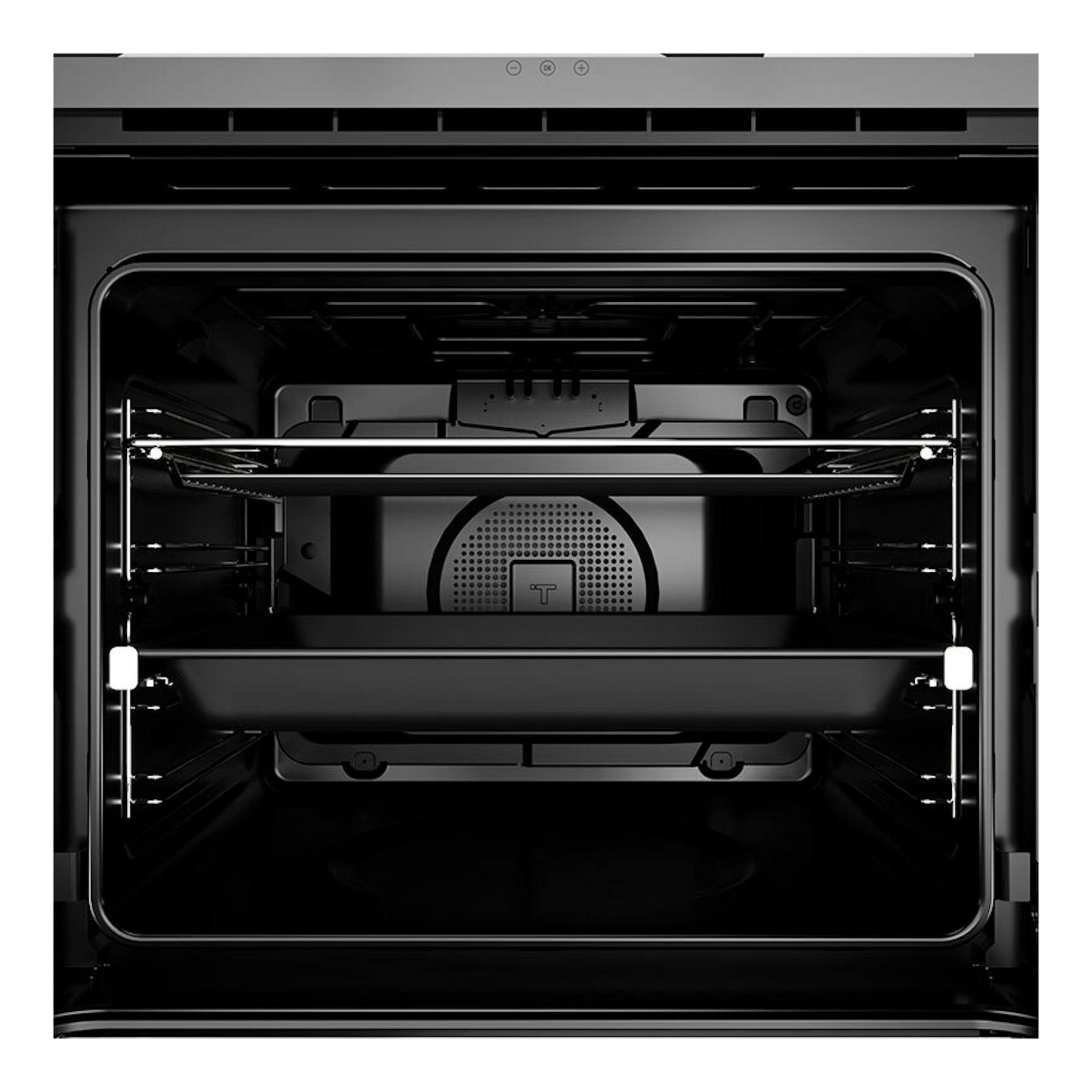 Horno integrable Teka HLB84G1PBM negro, vista frontal del interior con bandeja y parrilla.