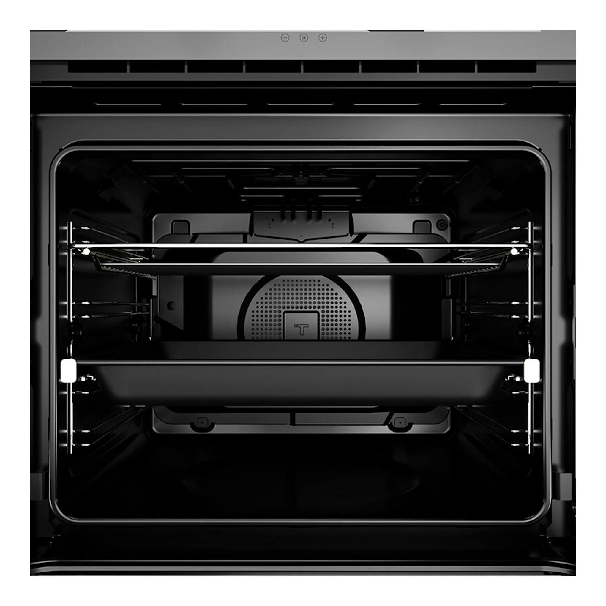 Horno integrable Teka HLB84G1PBM negro, vista frontal del interior con bandeja y parrilla.