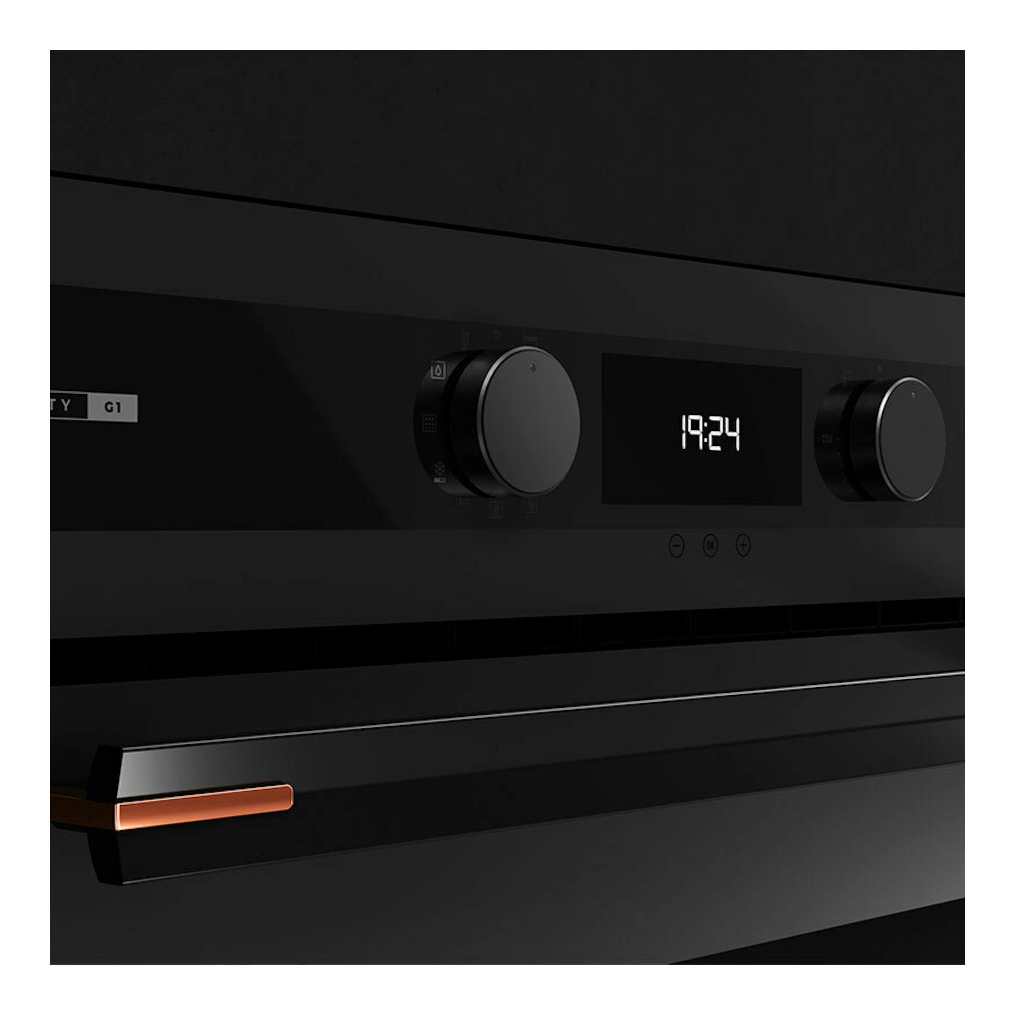 Horno integrable Teka HLB84G1PBM negro, vista frontal con mandos giratorios y display digital.