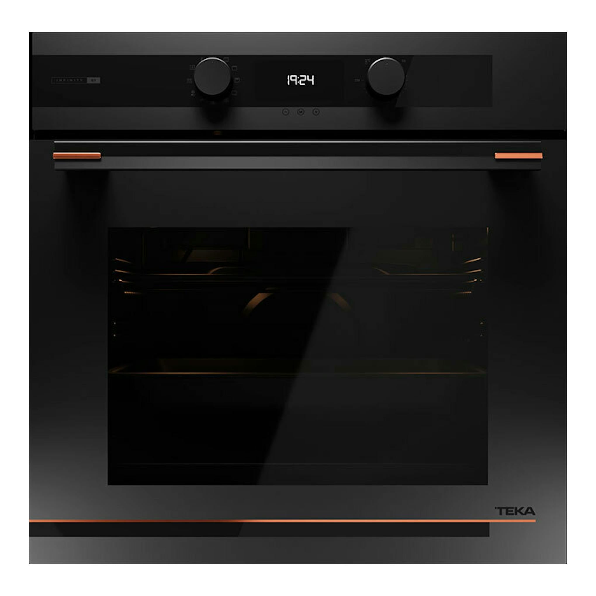 Horno integrable Teka HLB84G1PBM negro, vista frontal, con panel digital y dos mandos.