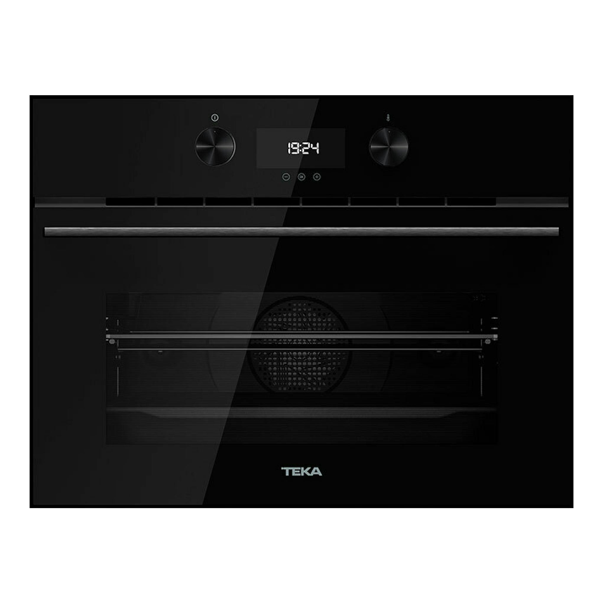 Horno integrable Teka HLC8440C negro, vista frontal, con dos mandos y display digital.