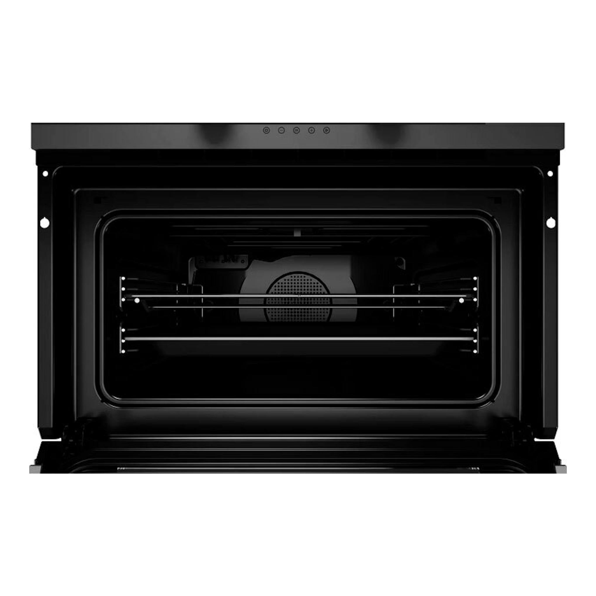 Horno integrable Teka HLC84G1CBM negro mate, vista frontal con la puerta abatida abierta.