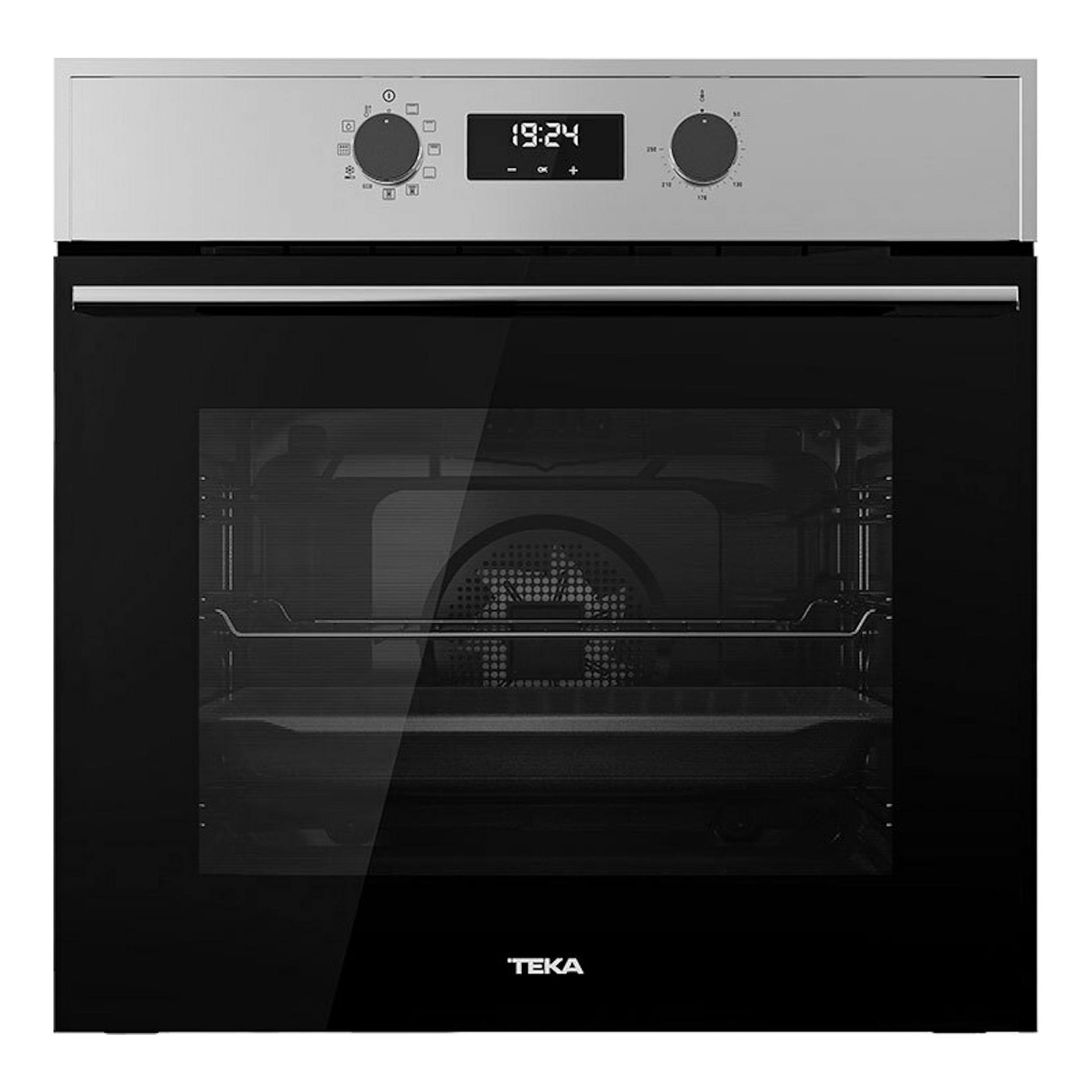 Horno integrable Teka HSB645S inox, vista frontal, puerta de vidrio negro y panel superior en acero inoxidable.
