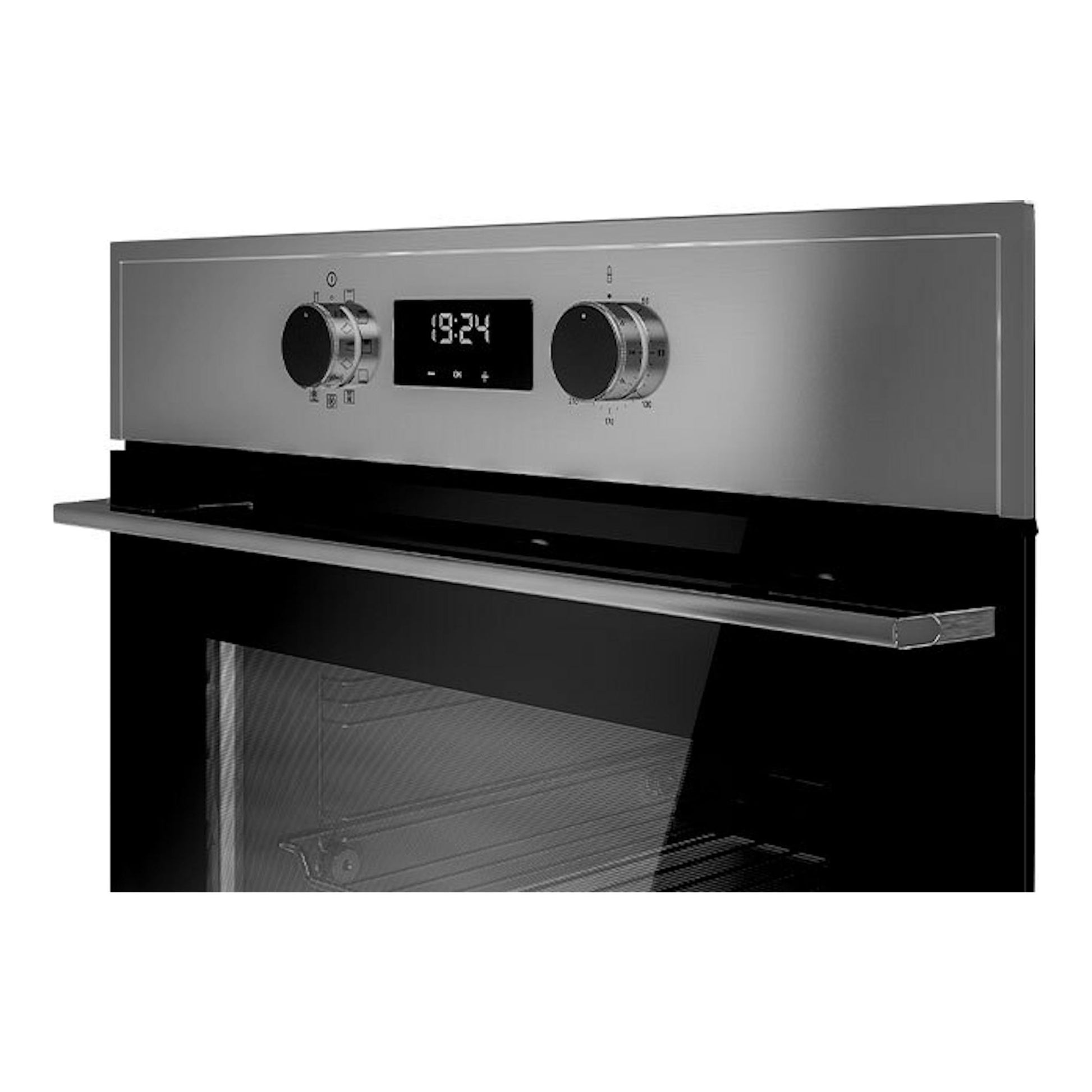 Horno integrable Teka HSB645S inox, vista frontal en ángulo, con panel de acero inoxidable y puerta de vidrio negro.